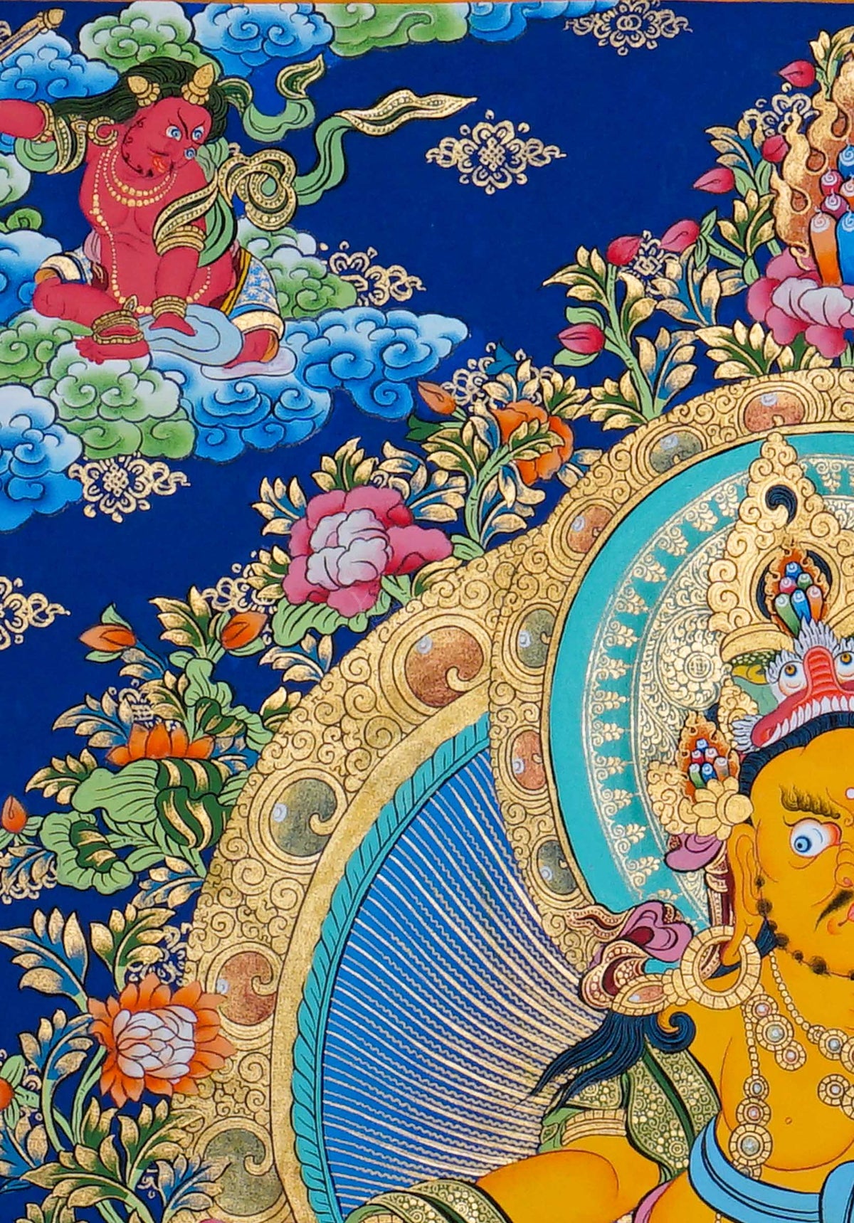Hand painted Zambala Thangka painting depicting the Buddhist deity of prosperity with a mongoose and offerings in traditional Nepalese Buddhist art