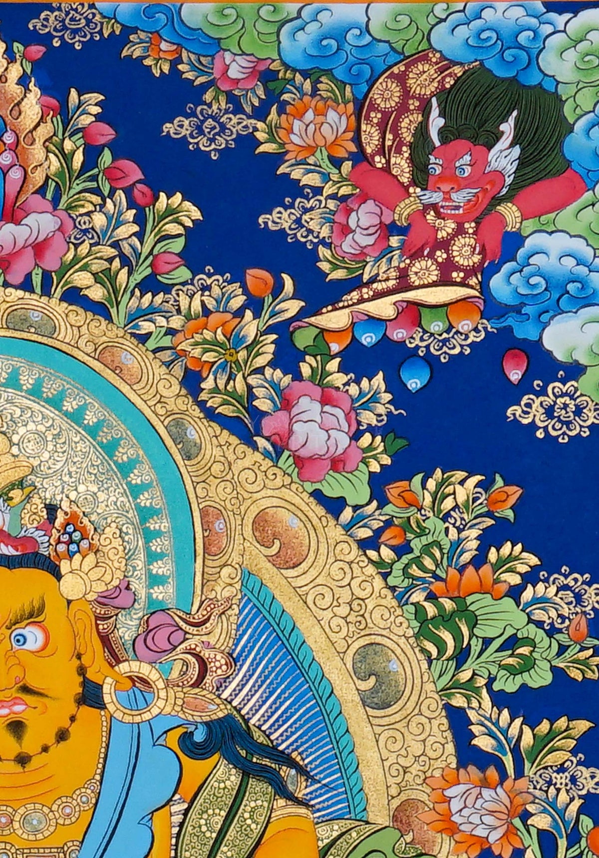 Hand painted Zambala Thangka painting depicting the Buddhist deity of prosperity with a mongoose and offerings in traditional Nepalese Buddhist art