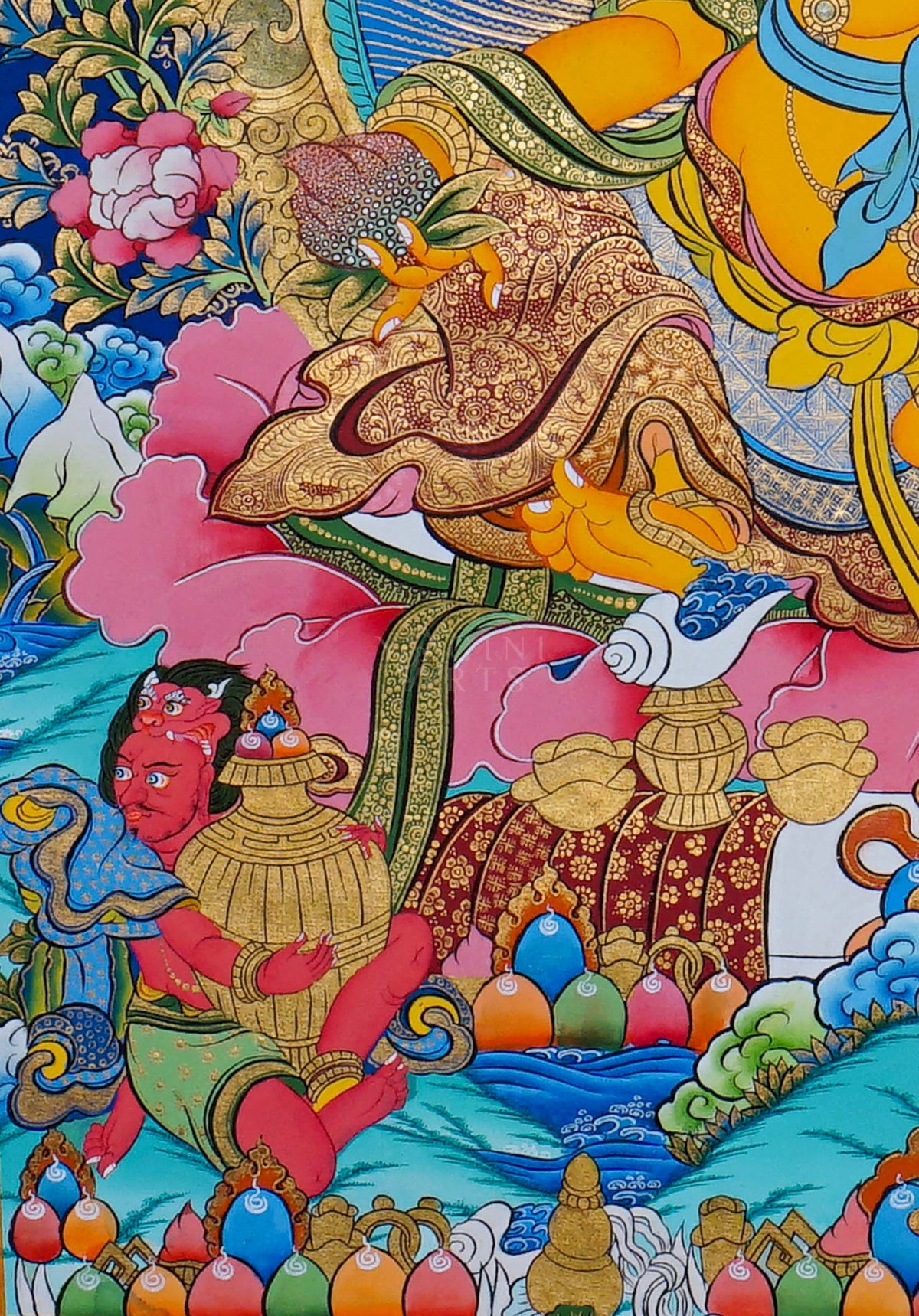 Hand painted Zambala Thangka painting depicting the Buddhist deity of prosperity with a mongoose and offerings in traditional Nepalese Buddhist art