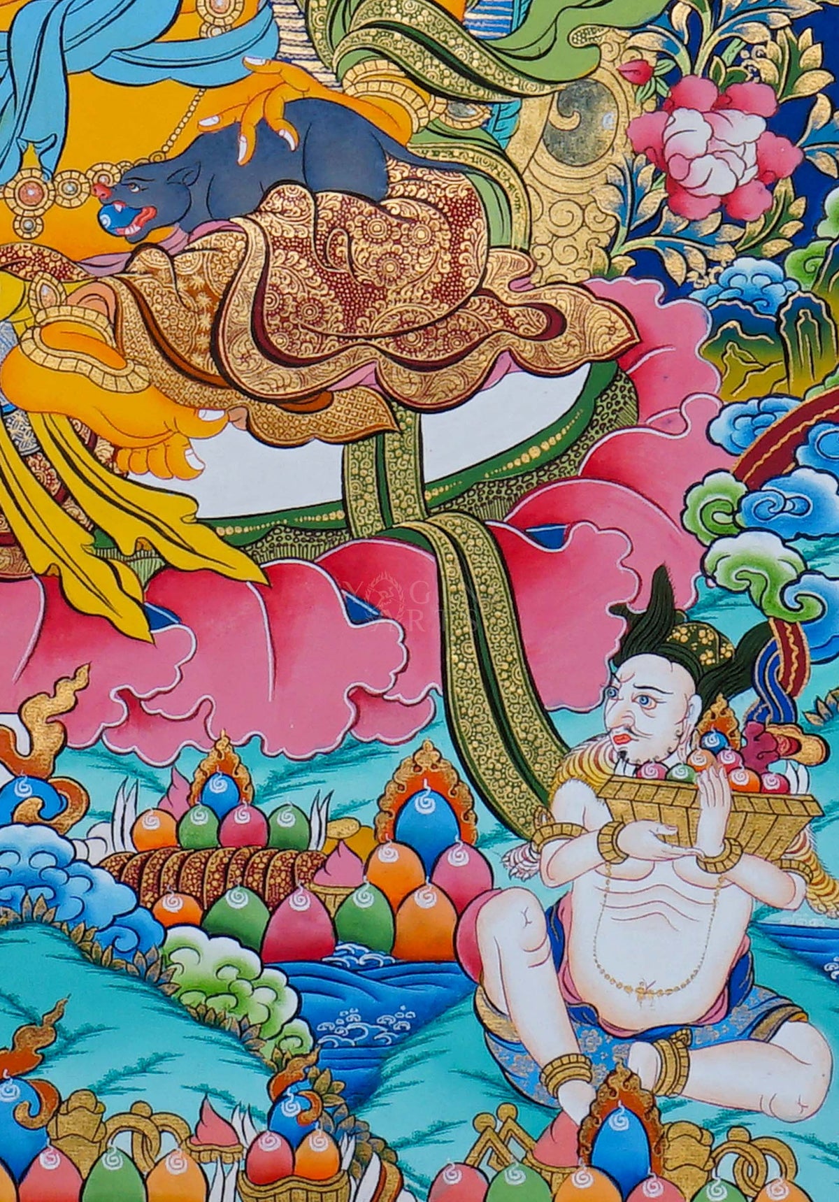 Hand painted Zambala Thangka painting depicting the Buddhist deity of prosperity with a mongoose and offerings in traditional Nepalese Buddhist art