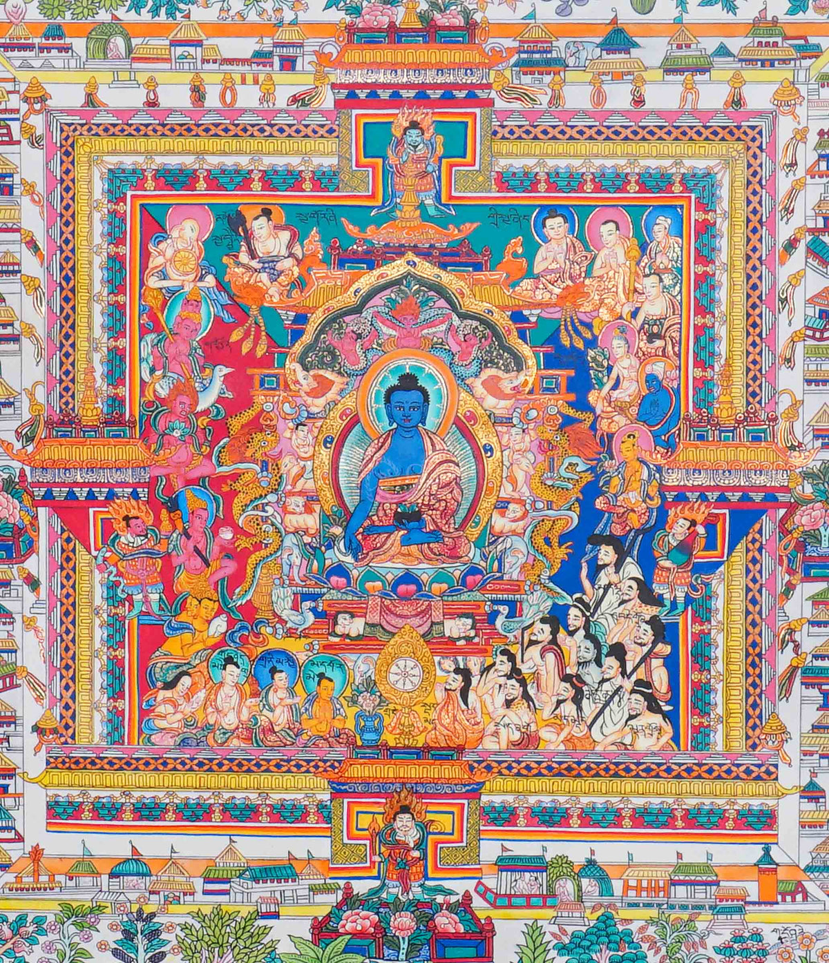 Medicine Plant Thangka painting featuring a central blue Buddha, medicinal plants, colorful flowers, traditional architecture, and smaller Buddha figures, 60 x 53 cm
