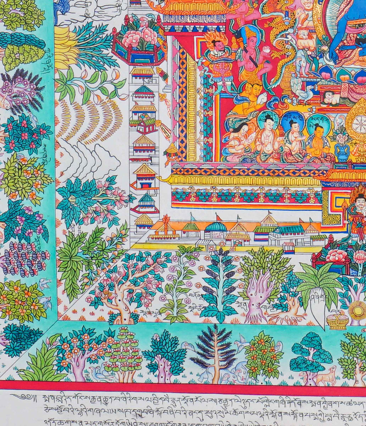 Medicine Plant Thangka painting featuring a central blue Buddha, medicinal plants, colorful flowers, traditional architecture, and smaller Buddha figures, 60 x 53 cm