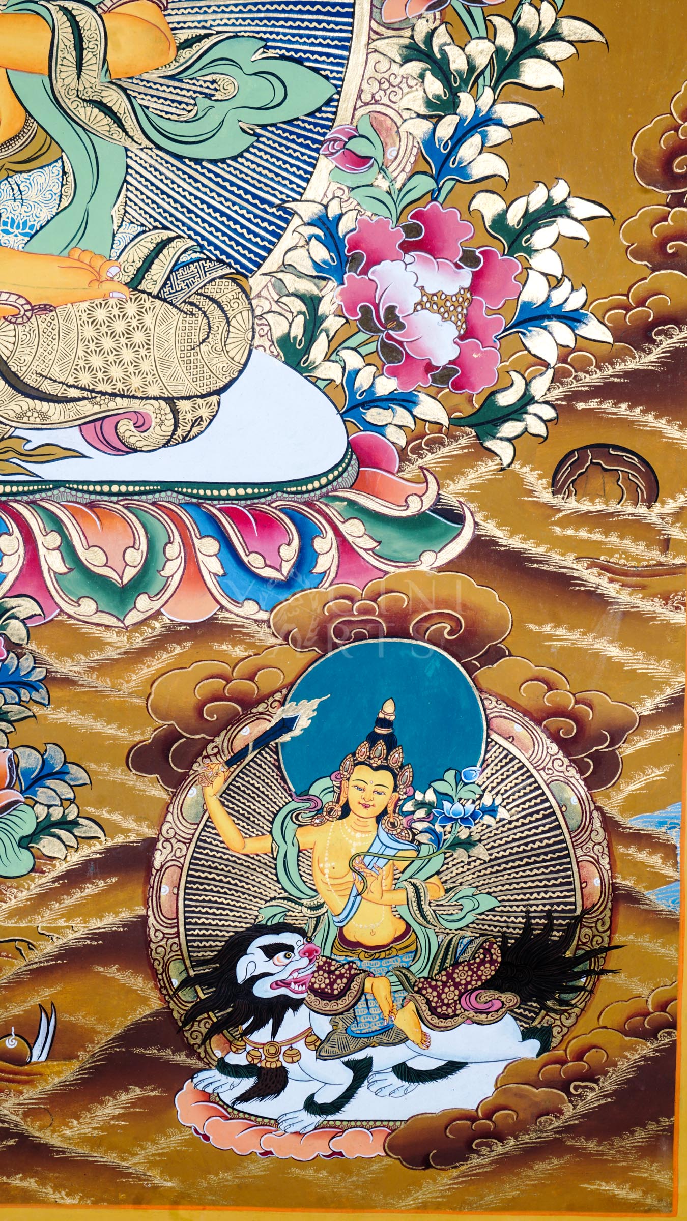Tibetan thangka of Five Manjushree depicting the central golden Manjushree seated on a lotus throne, surrounded by four forms of Manjushree representing enlightened wisdom, hand-painted with traditional Himalayan iconography