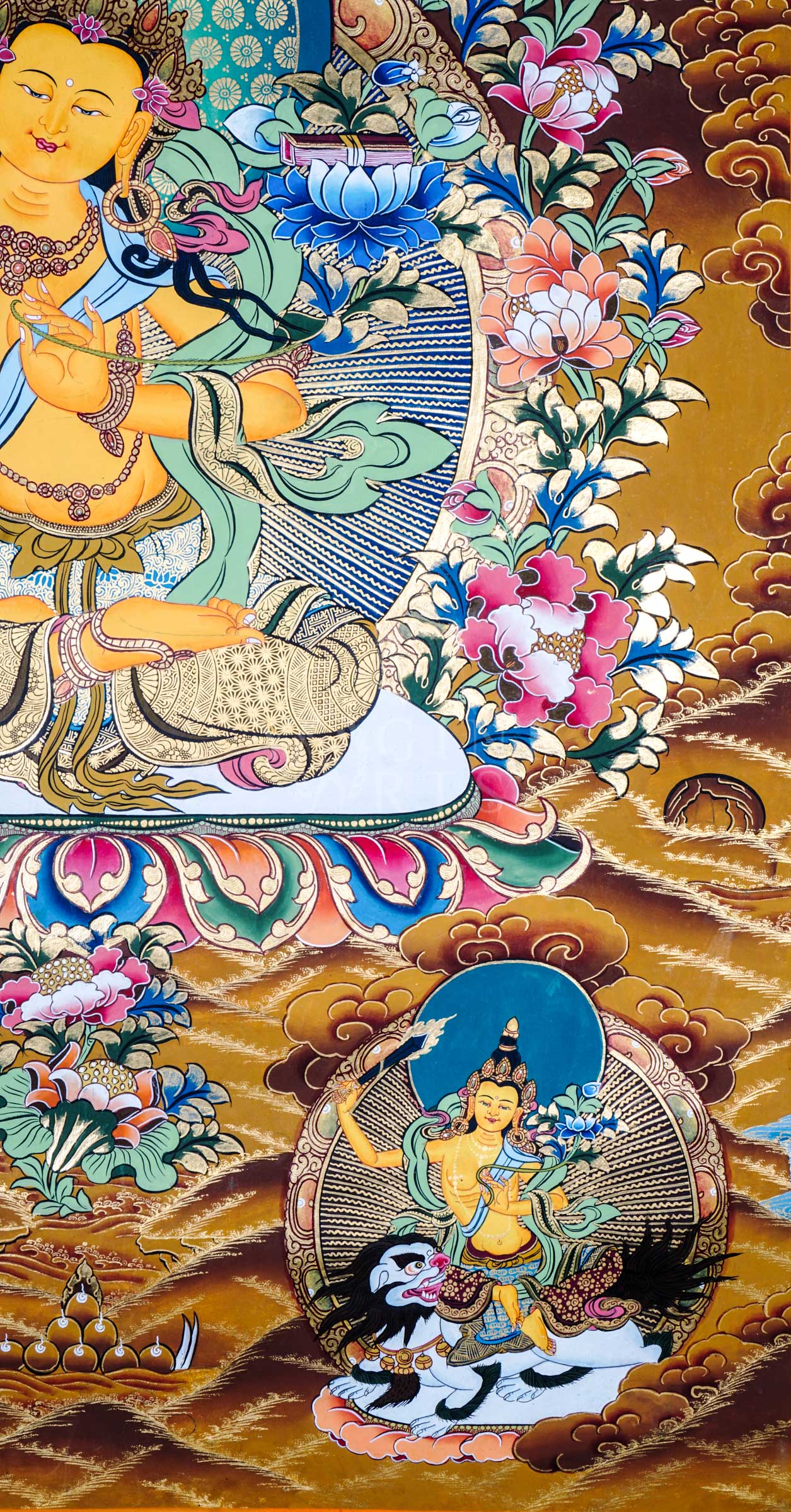 Tibetan thangka of Five Manjushree depicting the central golden Manjushree seated on a lotus throne, surrounded by four forms of Manjushree representing enlightened wisdom, hand-painted with traditional Himalayan iconography