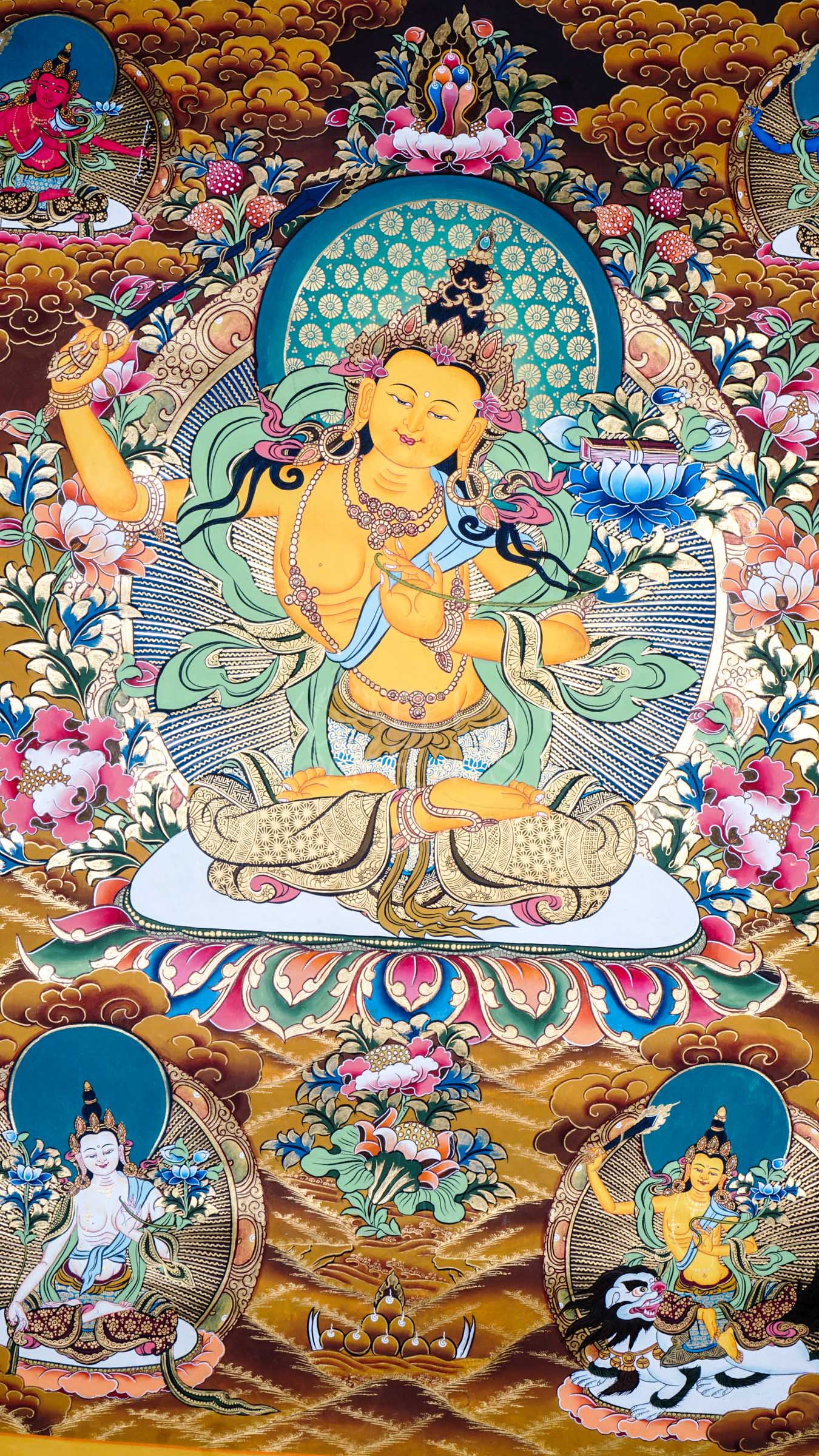 Tibetan thangka of Five Manjushree depicting the central golden Manjushree seated on a lotus throne, surrounded by four forms of Manjushree representing enlightened wisdom, hand-painted with traditional Himalayan iconography