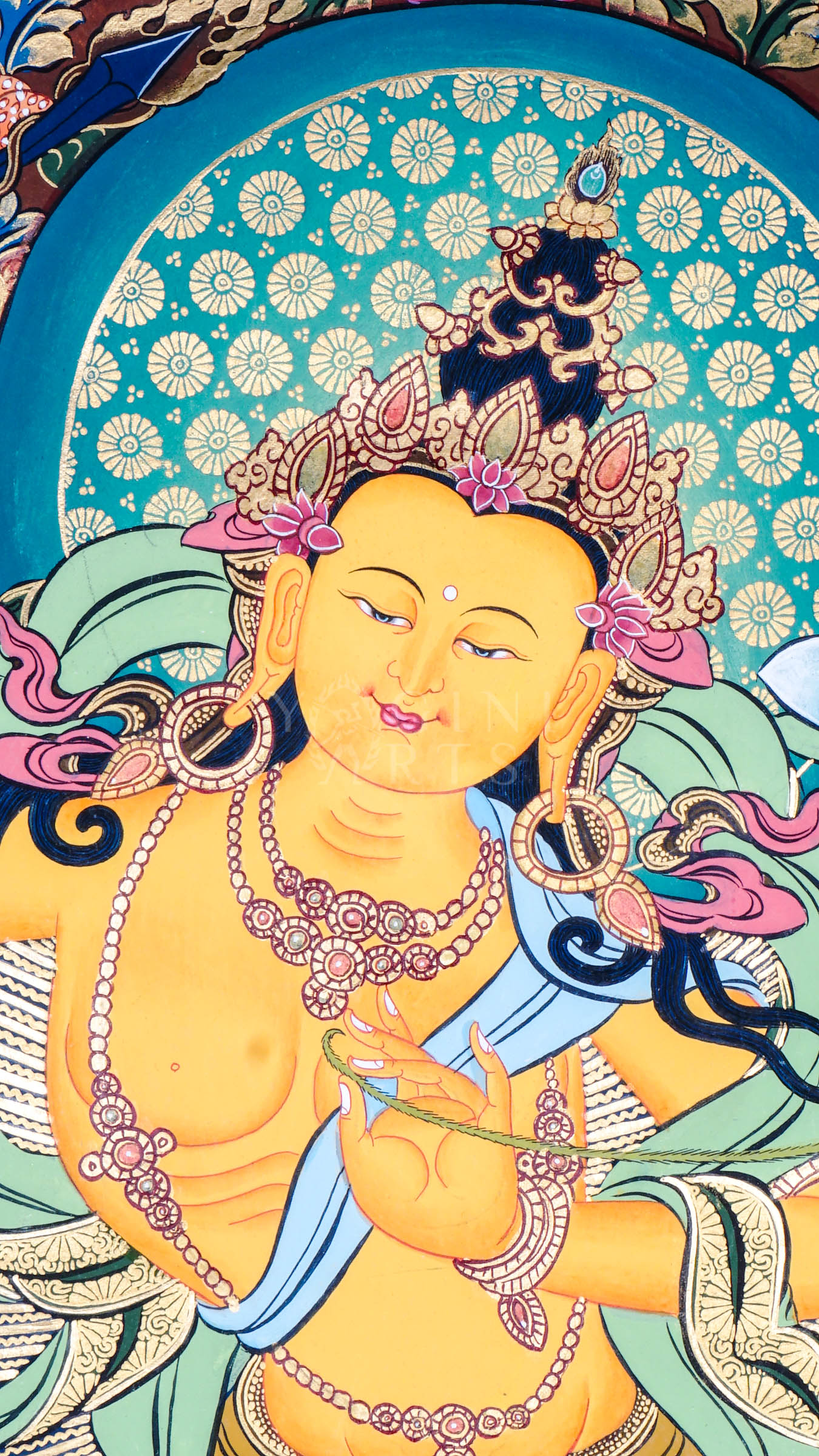 Tibetan thangka of Five Manjushree depicting the central golden Manjushree seated on a lotus throne, surrounded by four forms of Manjushree representing enlightened wisdom, hand-painted with traditional Himalayan iconography