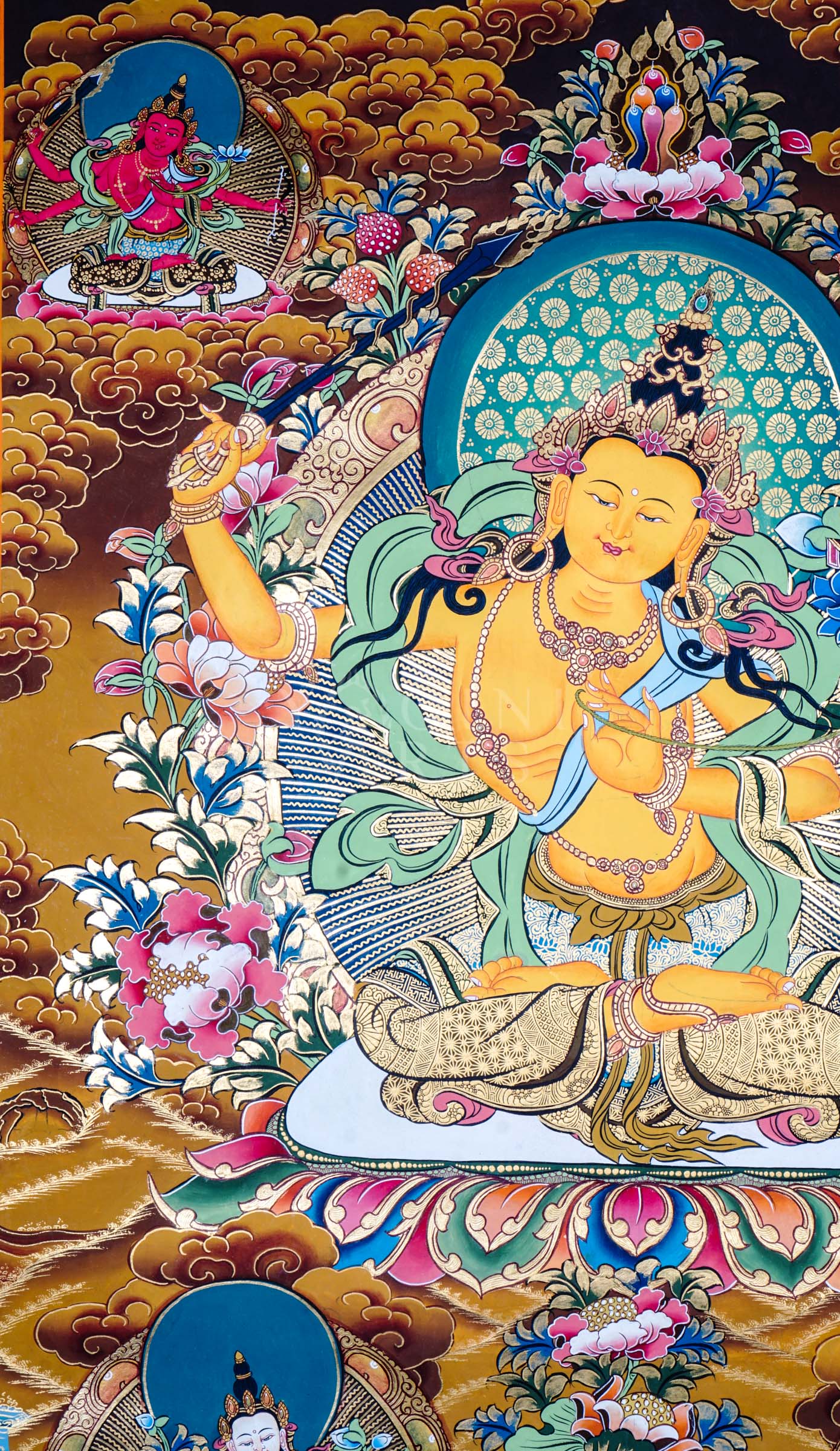 Tibetan thangka of Five Manjushree depicting the central golden Manjushree seated on a lotus throne, surrounded by four forms of Manjushree representing enlightened wisdom, hand-painted with traditional Himalayan iconography