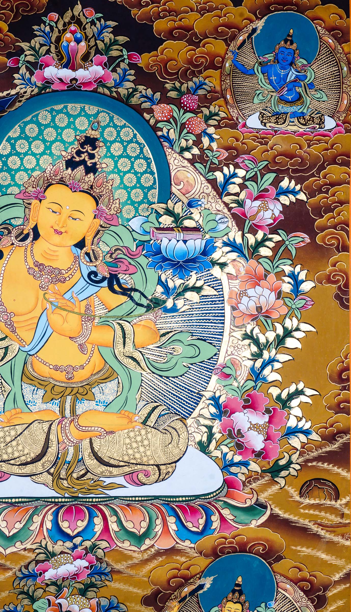 Tibetan thangka of Five Manjushree depicting the central golden Manjushree seated on a lotus throne, surrounded by four forms of Manjushree representing enlightened wisdom, hand-painted with traditional Himalayan iconography