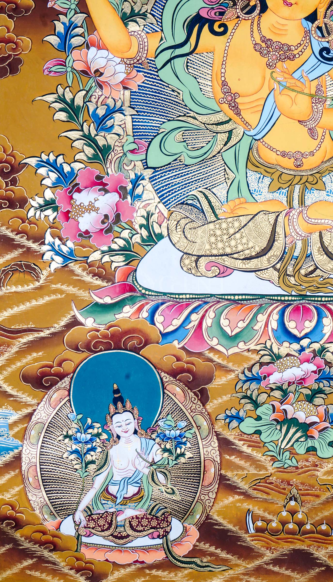 Tibetan thangka of Five Manjushree depicting the central golden Manjushree seated on a lotus throne, surrounded by four forms of Manjushree representing enlightened wisdom, hand-painted with traditional Himalayan iconography