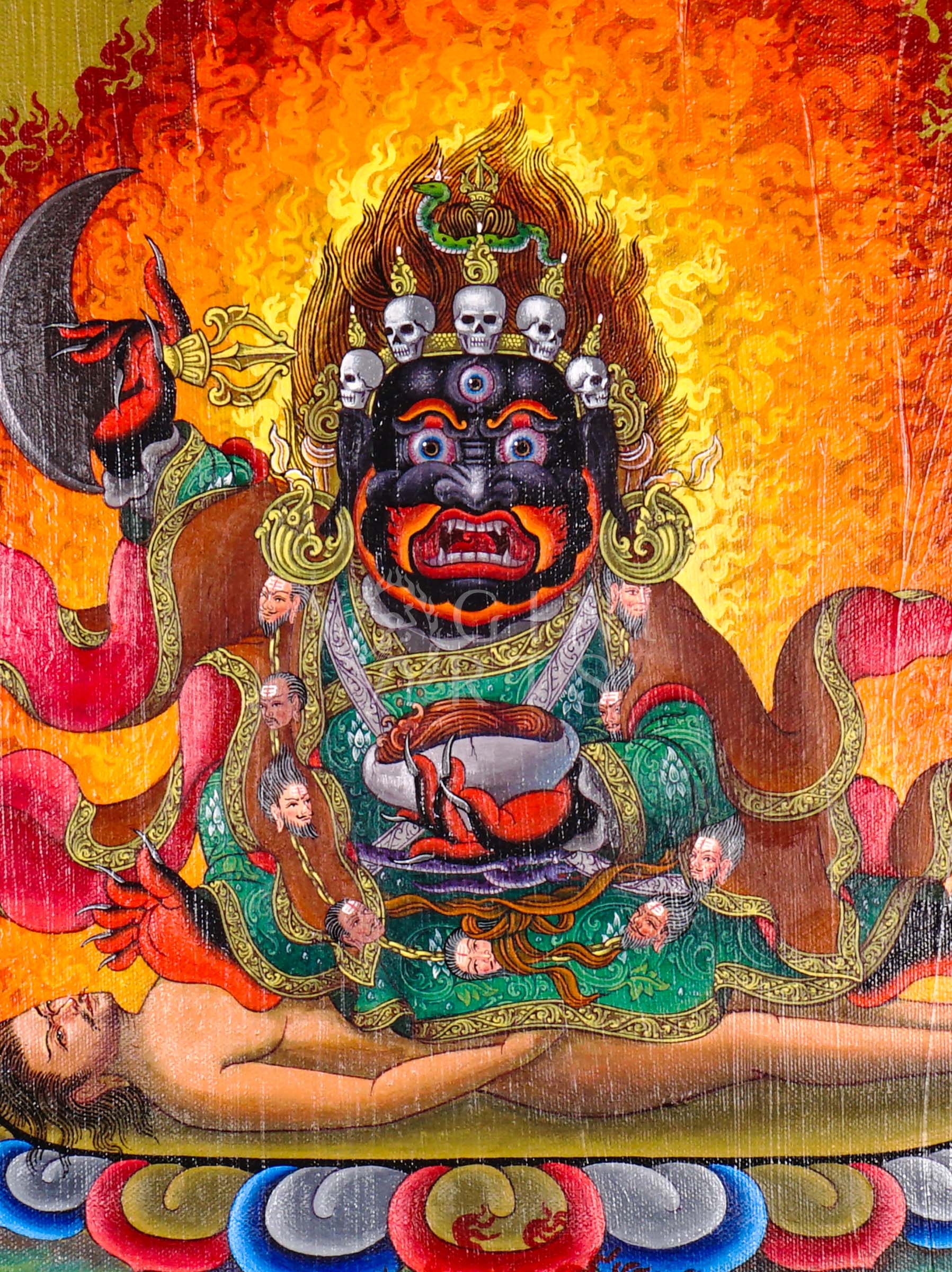 Hand-painted Mahakala oil painting featuring the wrathful Tibetan Buddhist protector deity surrounded by blazing wisdom flames and sacred symbolism.
