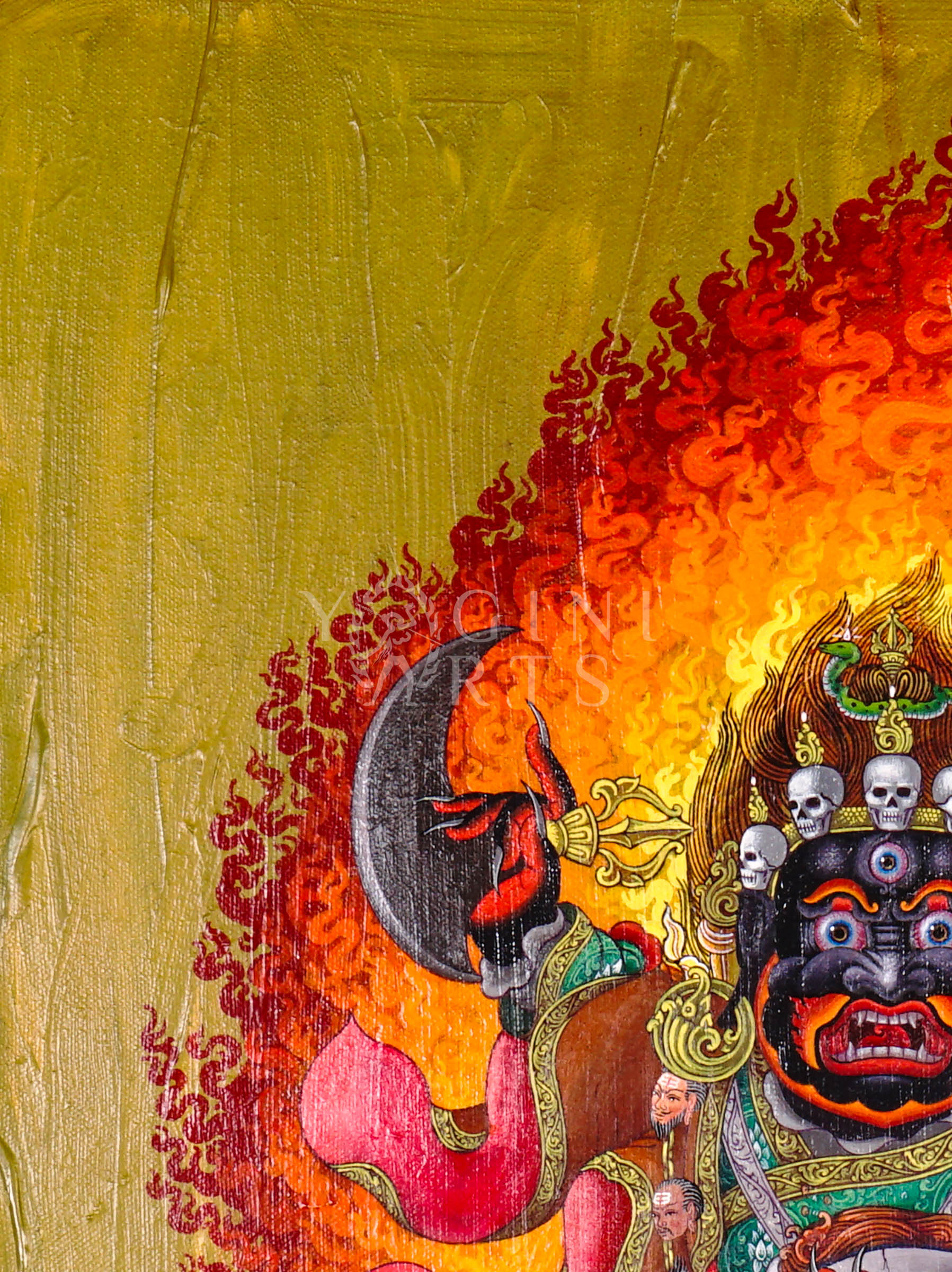 Hand-painted Mahakala oil painting featuring the wrathful Tibetan Buddhist protector deity surrounded by blazing wisdom flames and sacred symbolism.