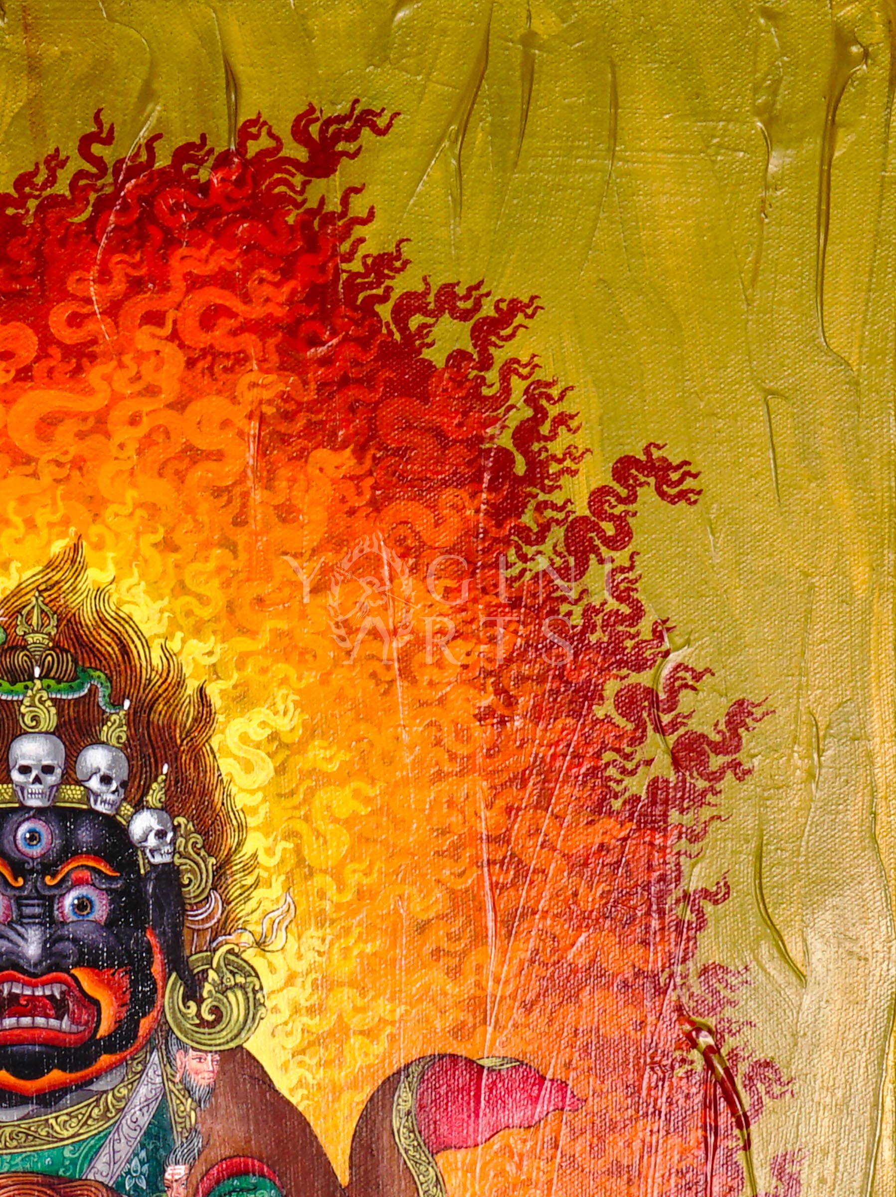 Hand-painted Mahakala oil painting featuring the wrathful Tibetan Buddhist protector deity surrounded by blazing wisdom flames and sacred symbolism.