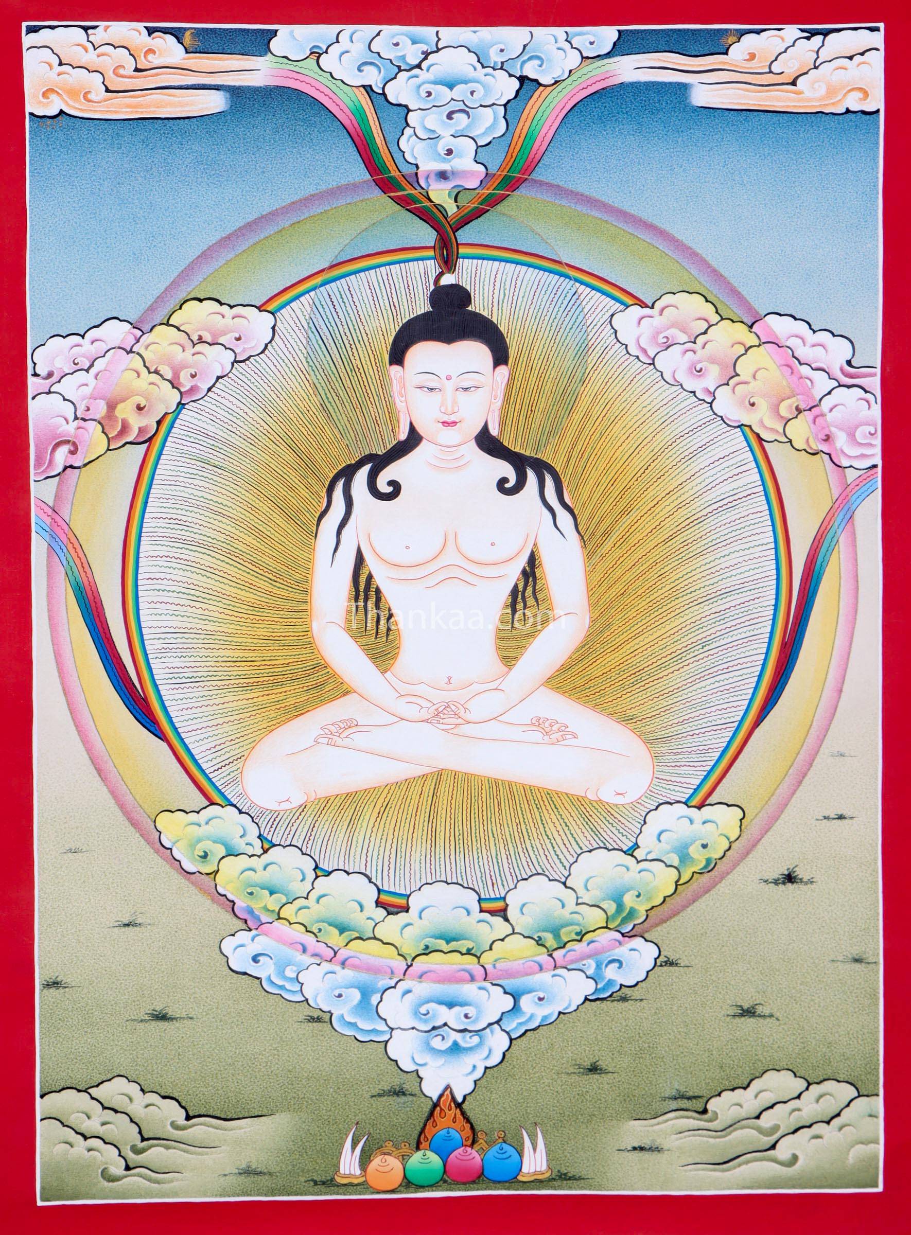 Traditional Tibetan thangka painting depicting Tapihritsa seated in meditation within a radiant circular halo, surrounded by clouds, rainbow light, and symbolic offerings against a soft sky background.