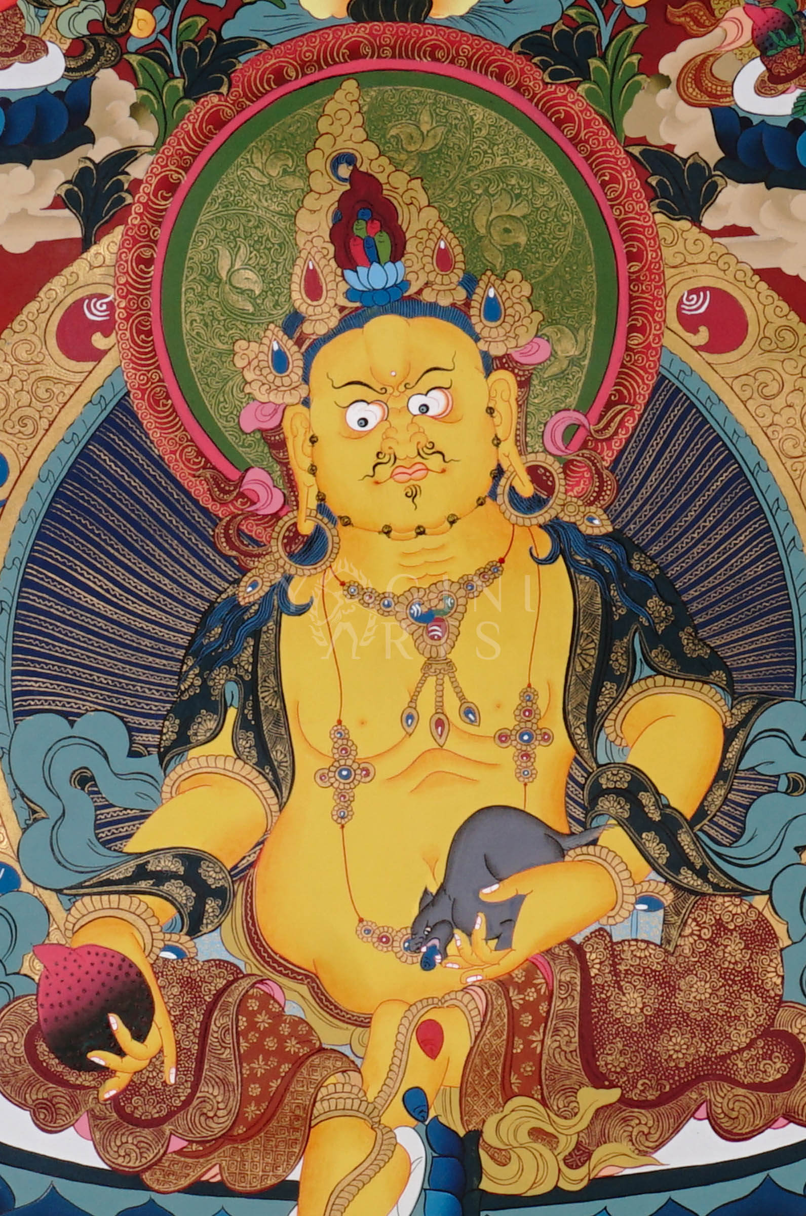 Colorful Yellow Zambhala thangka depicting the Buddhist wealth deity holding a mongoose and jewel vase.