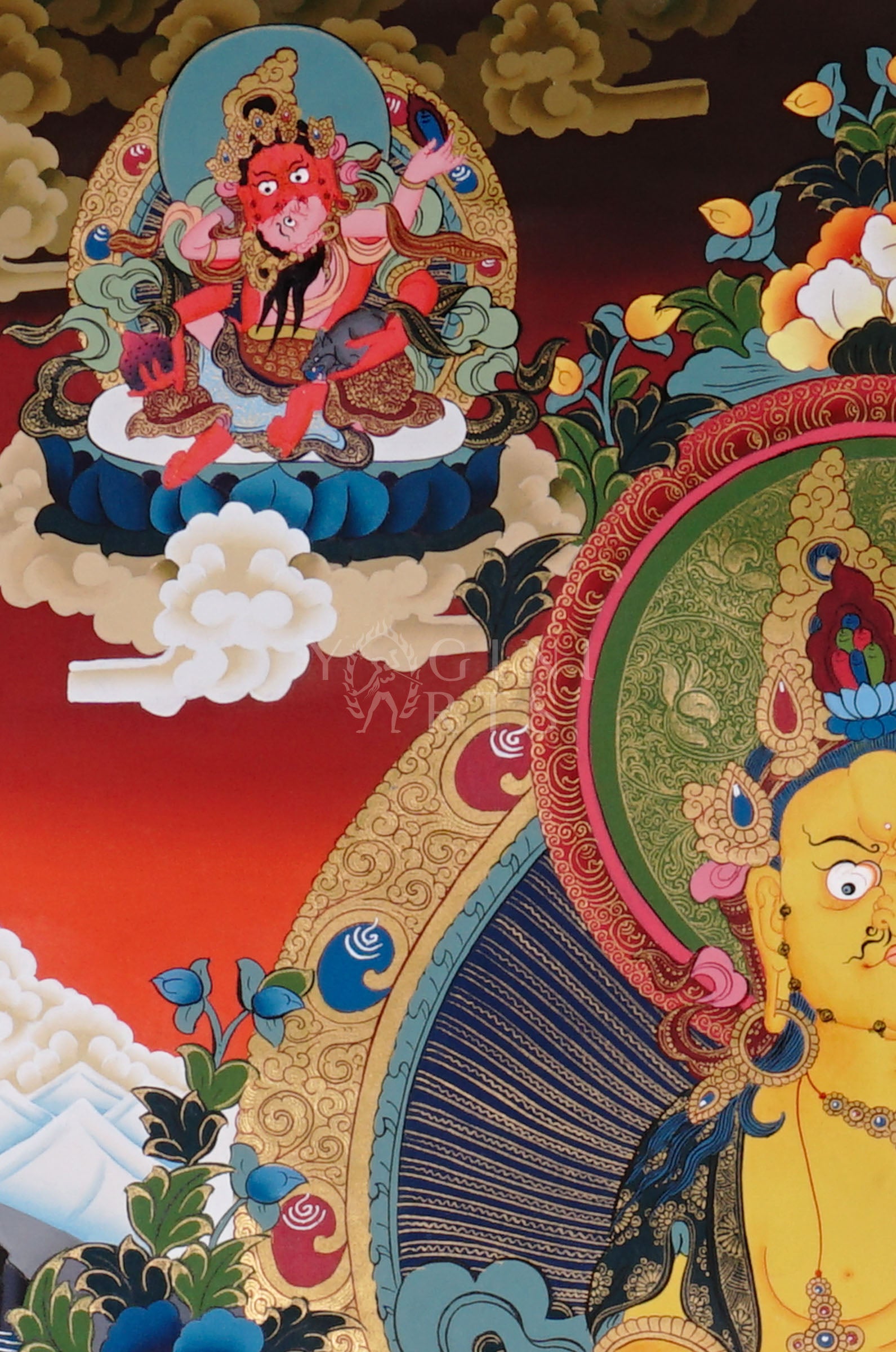 Colorful Yellow Zambhala thangka depicting the Buddhist wealth deity holding a mongoose and jewel vase.