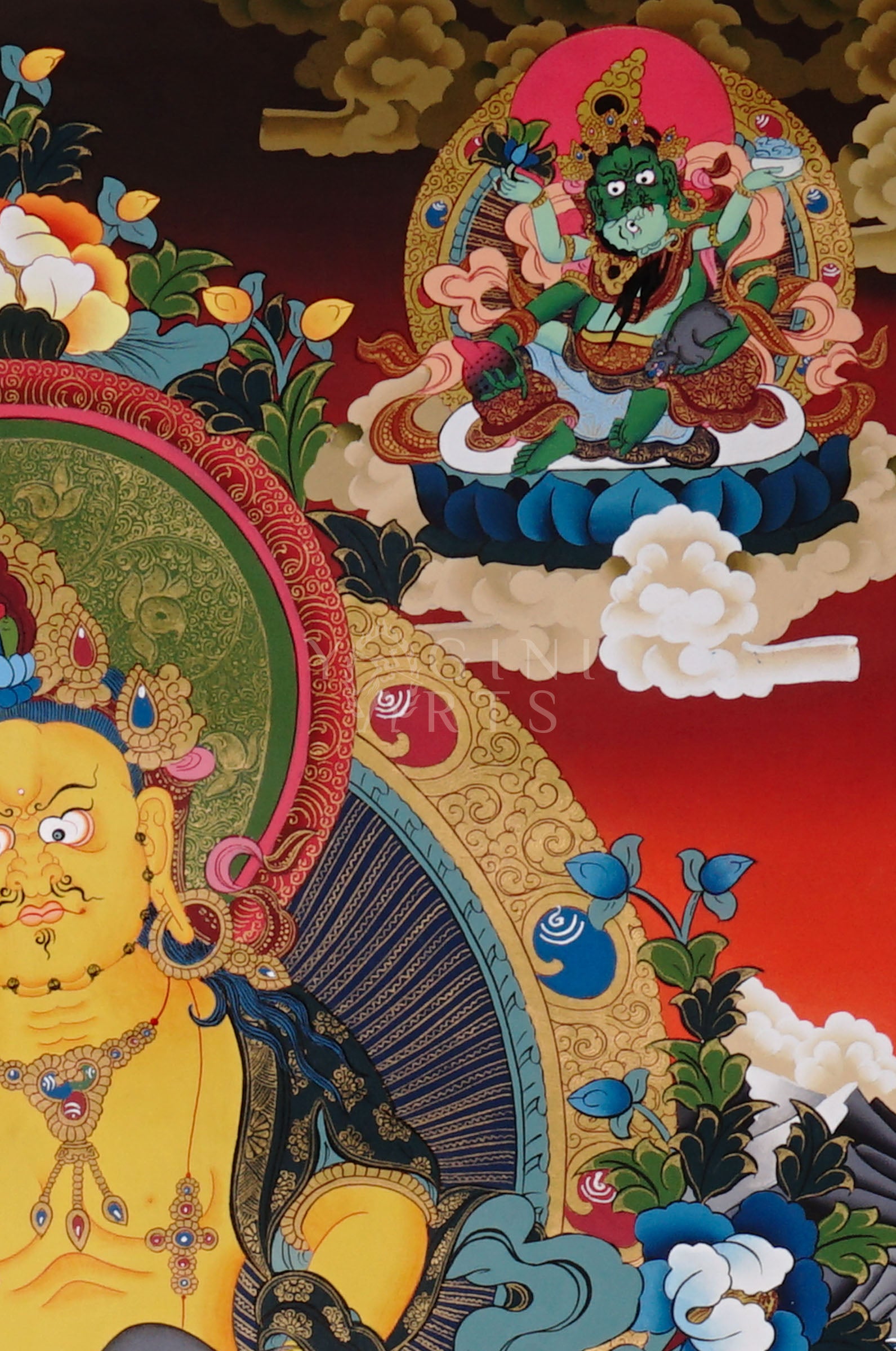 Colorful Yellow Zambhala thangka depicting the Buddhist wealth deity holding a mongoose and jewel vase.