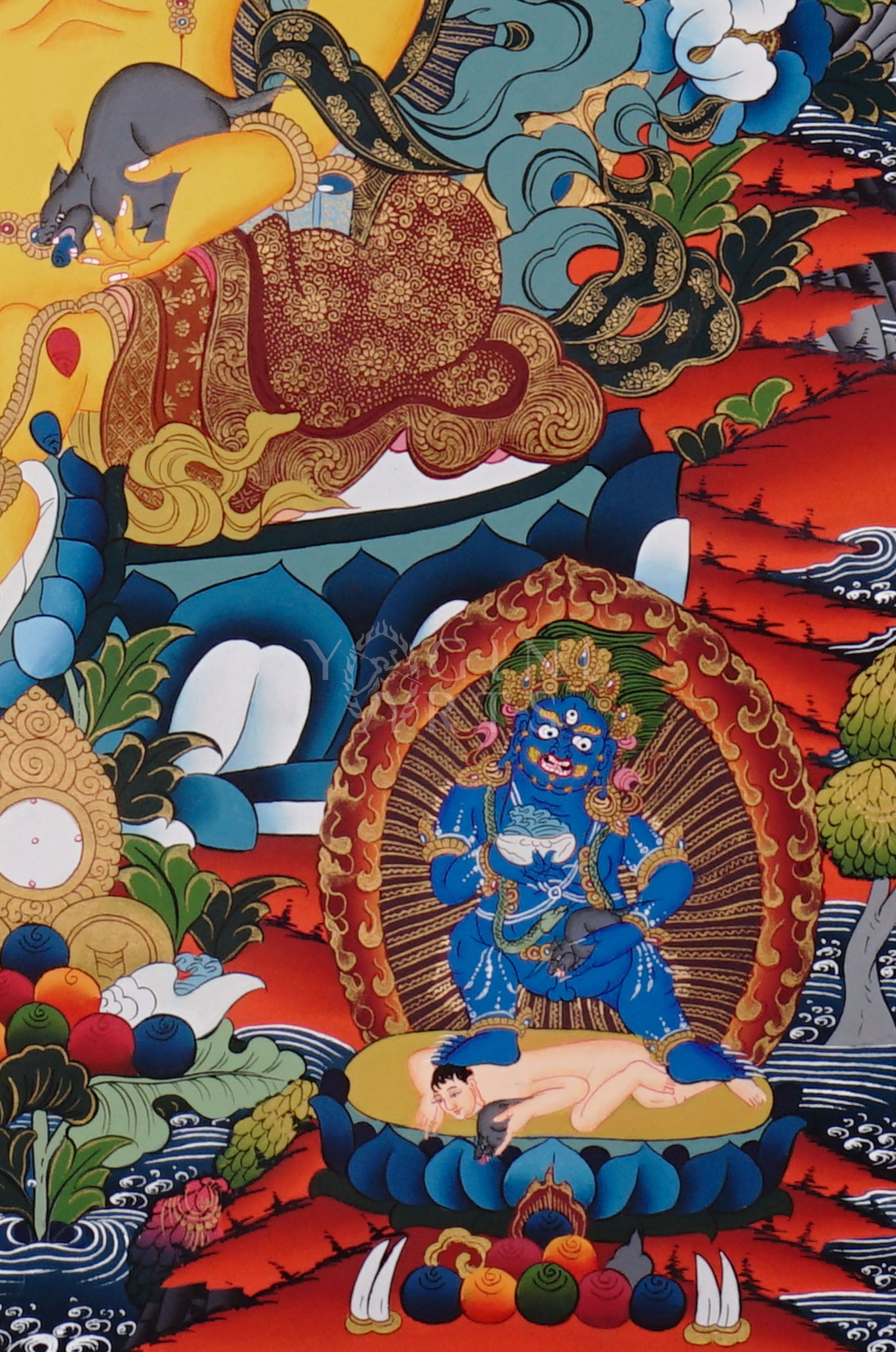 Colorful Yellow Zambhala thangka depicting the Buddhist wealth deity holding a mongoose and jewel vase.