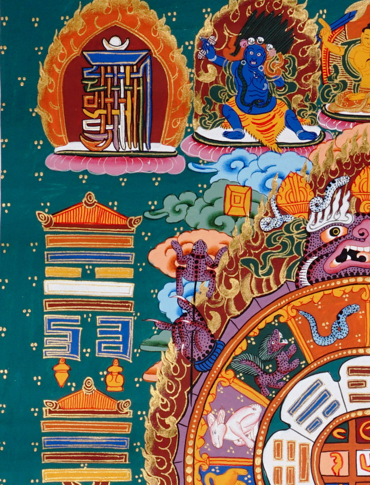 Hand-painted Tibetan astrological calendar mandala thangka with zodiac animals and sacred symbols.