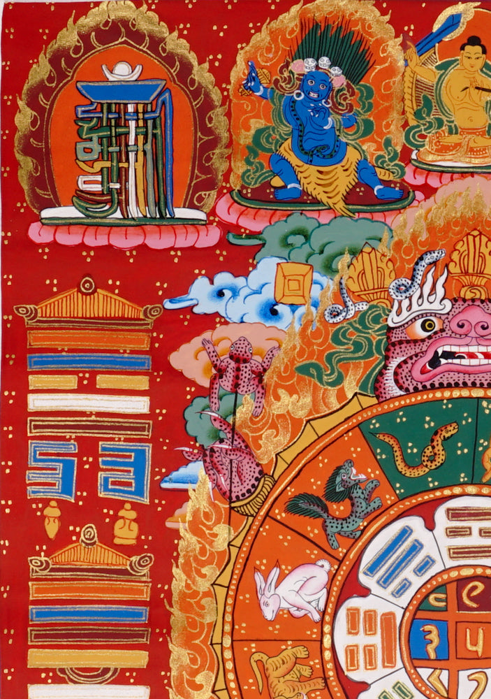 Hand-painted Tibetan astrology calendar thangka with zodiac animals and sacred mandala wheel.