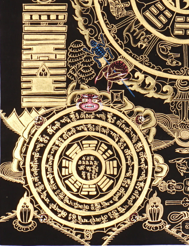 Gold-on-black Tibetan astrology calendar thangka with zodiac animals and sacred mandala wheel.