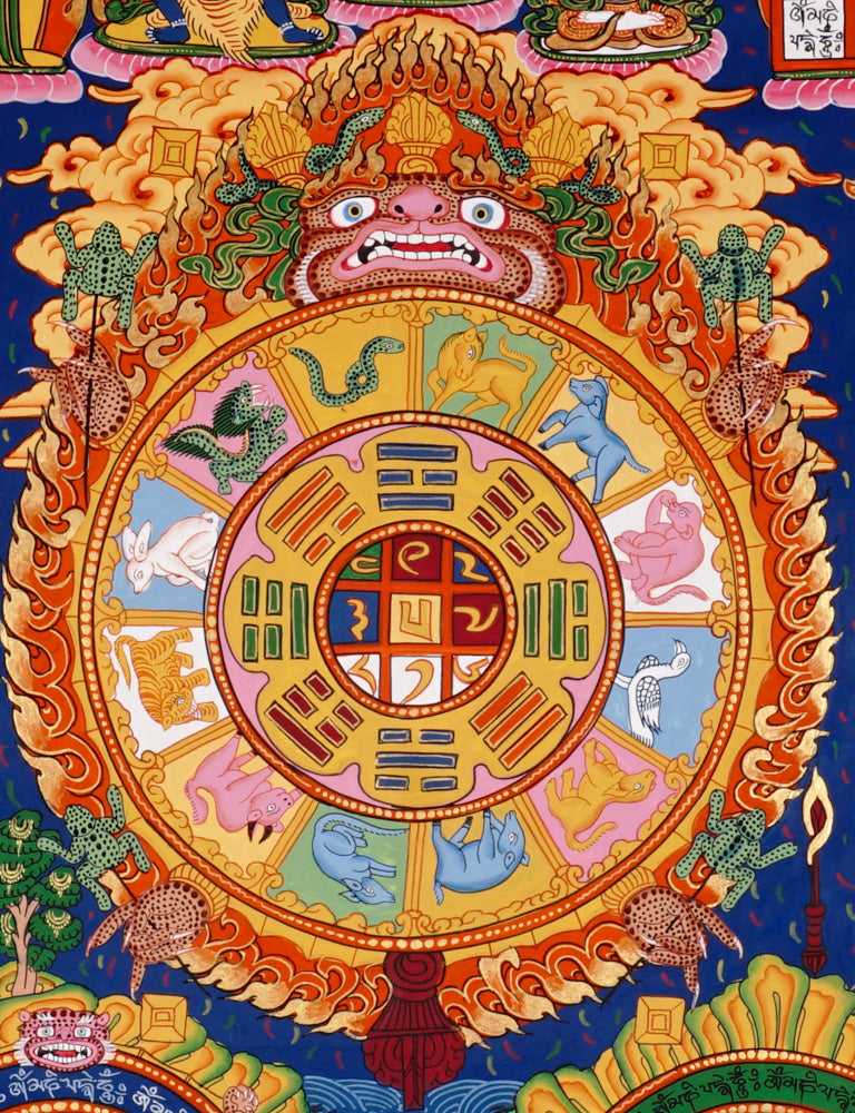 Hand-painted Tibetan astrology calendar thangka with zodiac animals and sacred mandala wheel.