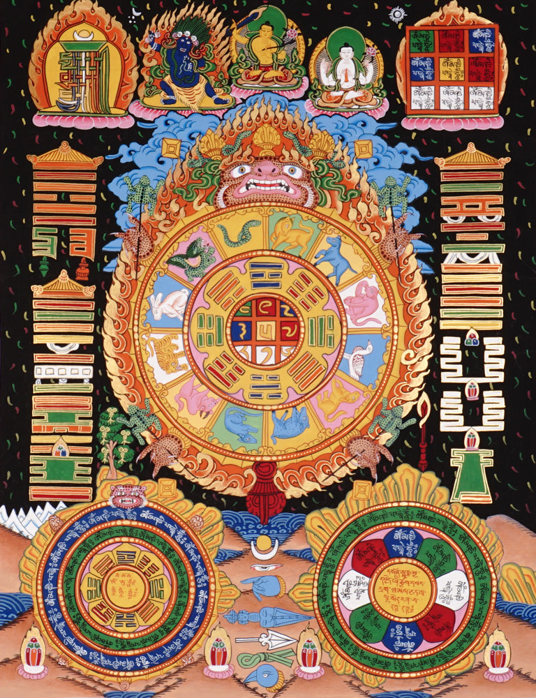 Hand-painted Tibetan astrology calendar thangka with zodiac animals and sacred mandala wheel.