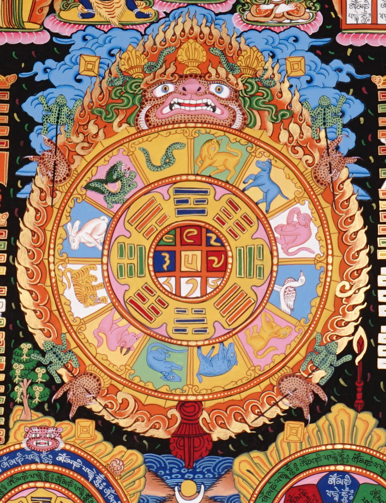 Hand-painted Tibetan astrology calendar thangka with zodiac animals and sacred mandala wheel.