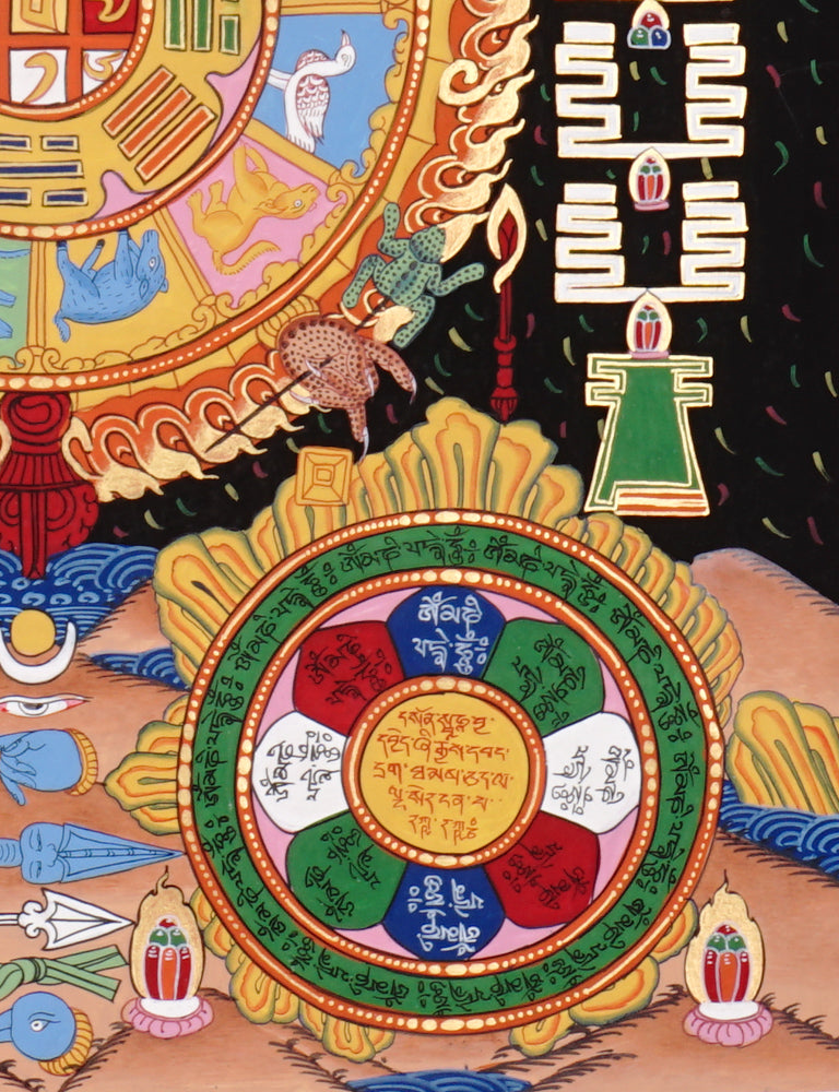 Hand-painted Tibetan astrology calendar thangka with zodiac animals and sacred mandala wheel.