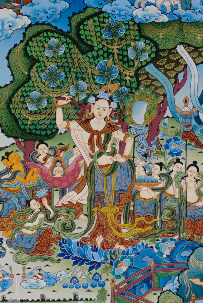 Hand-painted Queen Maya Devi thangka depicting the birth of Buddha in Lumbini Garden surrounded by attendants and celestial beings.