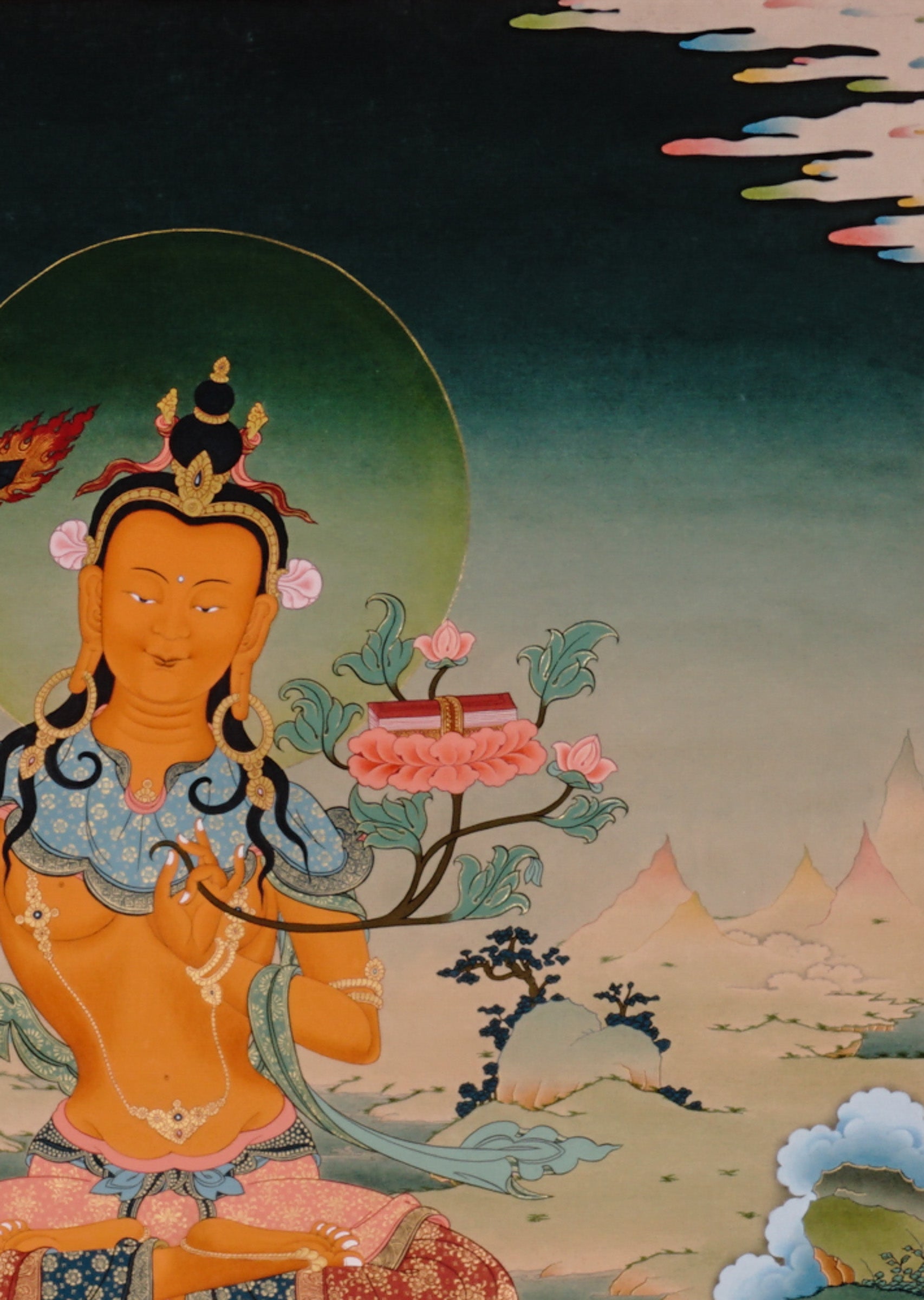 Handpainted Tibetan thangka of Manjushree Bodhisattva holding flaming wisdom sword and lotus scripture, seated on lotus throne in a serene Himalayan landscape.