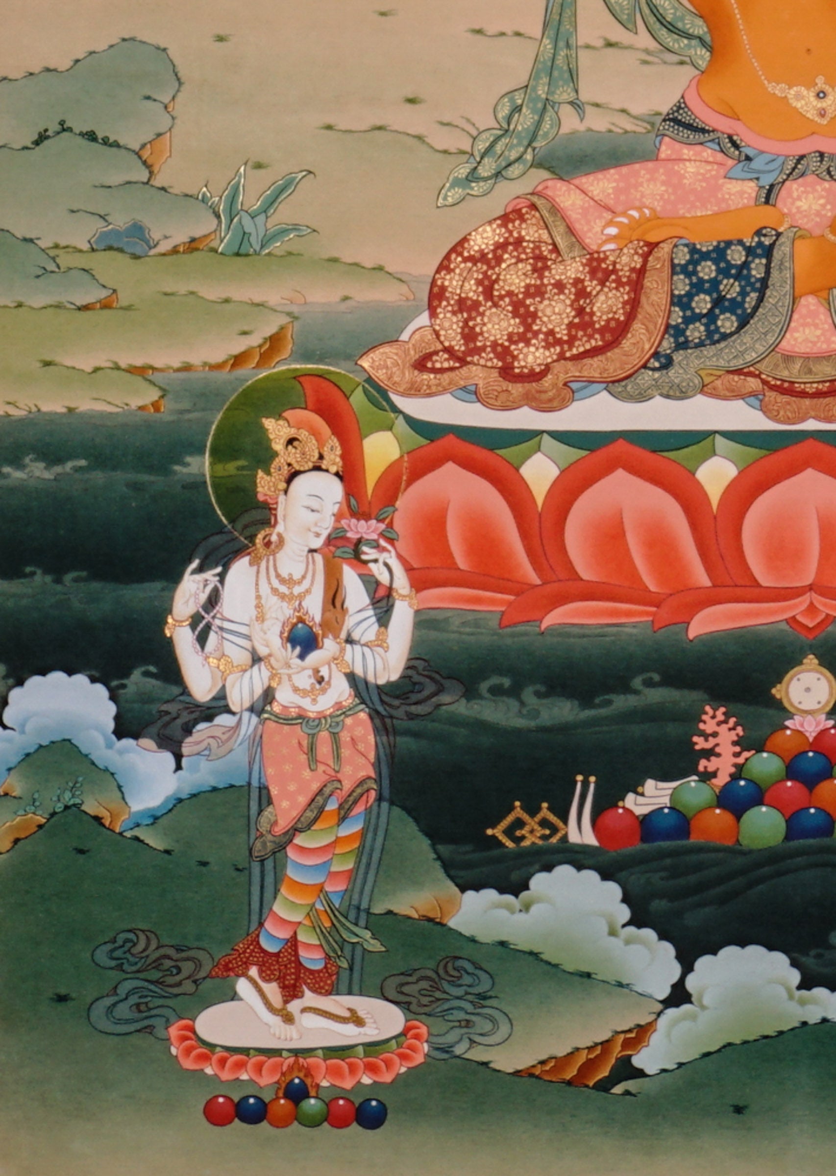 Handpainted Tibetan thangka of Manjushree Bodhisattva holding flaming wisdom sword and lotus scripture, seated on lotus throne in a serene Himalayan landscape.