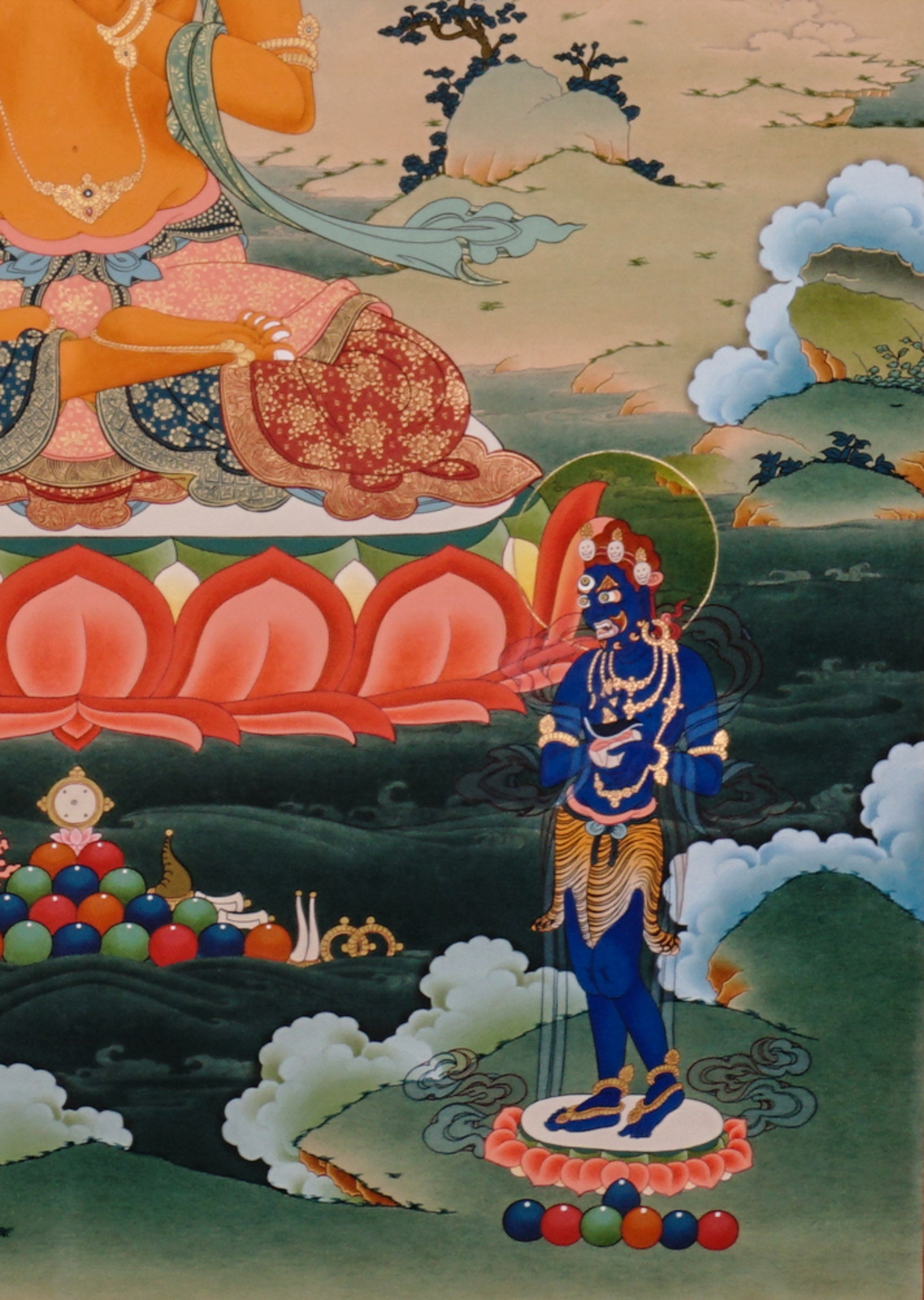 Handpainted Tibetan thangka of Manjushree Bodhisattva holding flaming wisdom sword and lotus scripture, seated on lotus throne in a serene Himalayan landscape.