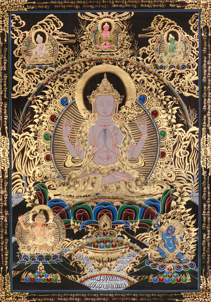 Hand-painted Chenrezig Avalokiteshvara thangka in gold on black style showing four-armed bodhisattva holding mala and lotus with Amitabha Buddha above.