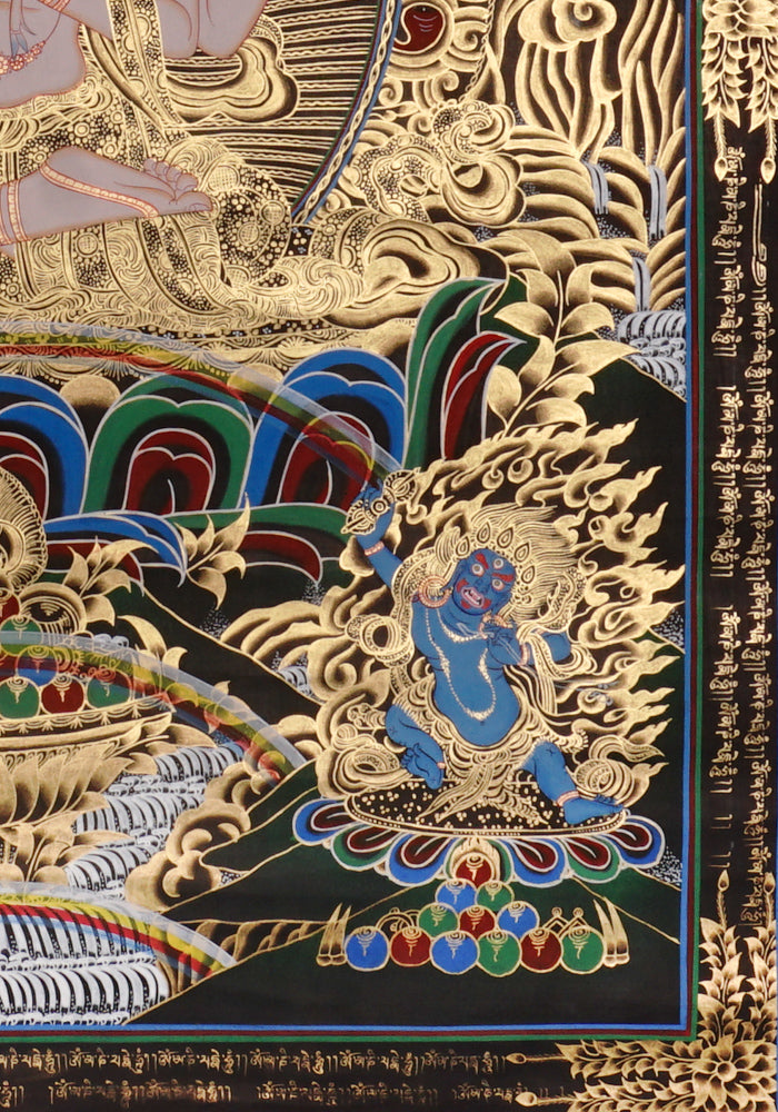 Hand-painted Chenrezig Avalokiteshvara thangka in gold on black style showing four-armed bodhisattva holding mala and lotus with Amitabha Buddha above.