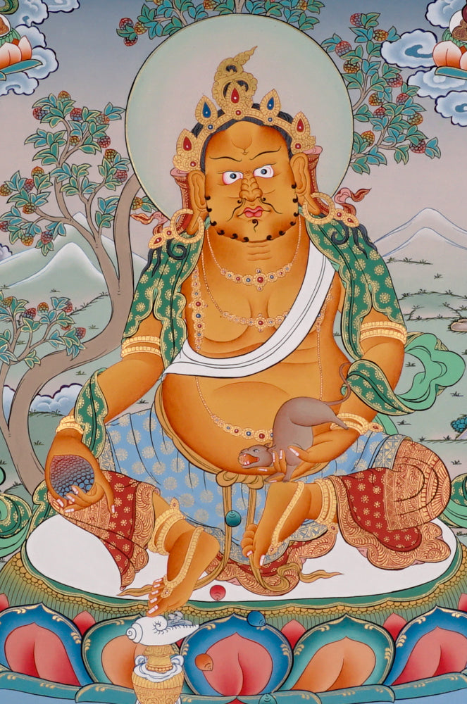 Hand-painted Yellow Dzambhala thangka showing Tibetan wealth deity holding mongoose and citron seated on lotus throne surrounded by Buddhist figures.