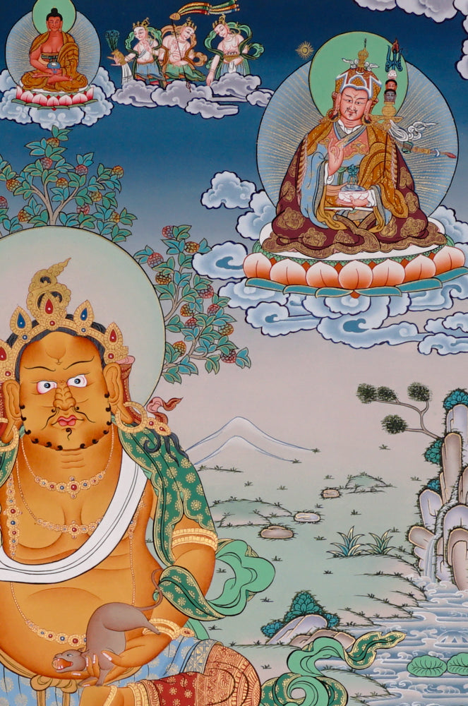 Hand-painted Yellow Dzambhala thangka showing Tibetan wealth deity holding mongoose and citron seated on lotus throne surrounded by Buddhist figures.