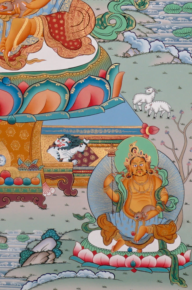 Hand-painted Yellow Dzambhala thangka showing Tibetan wealth deity holding mongoose and citron seated on lotus throne surrounded by Buddhist figures.