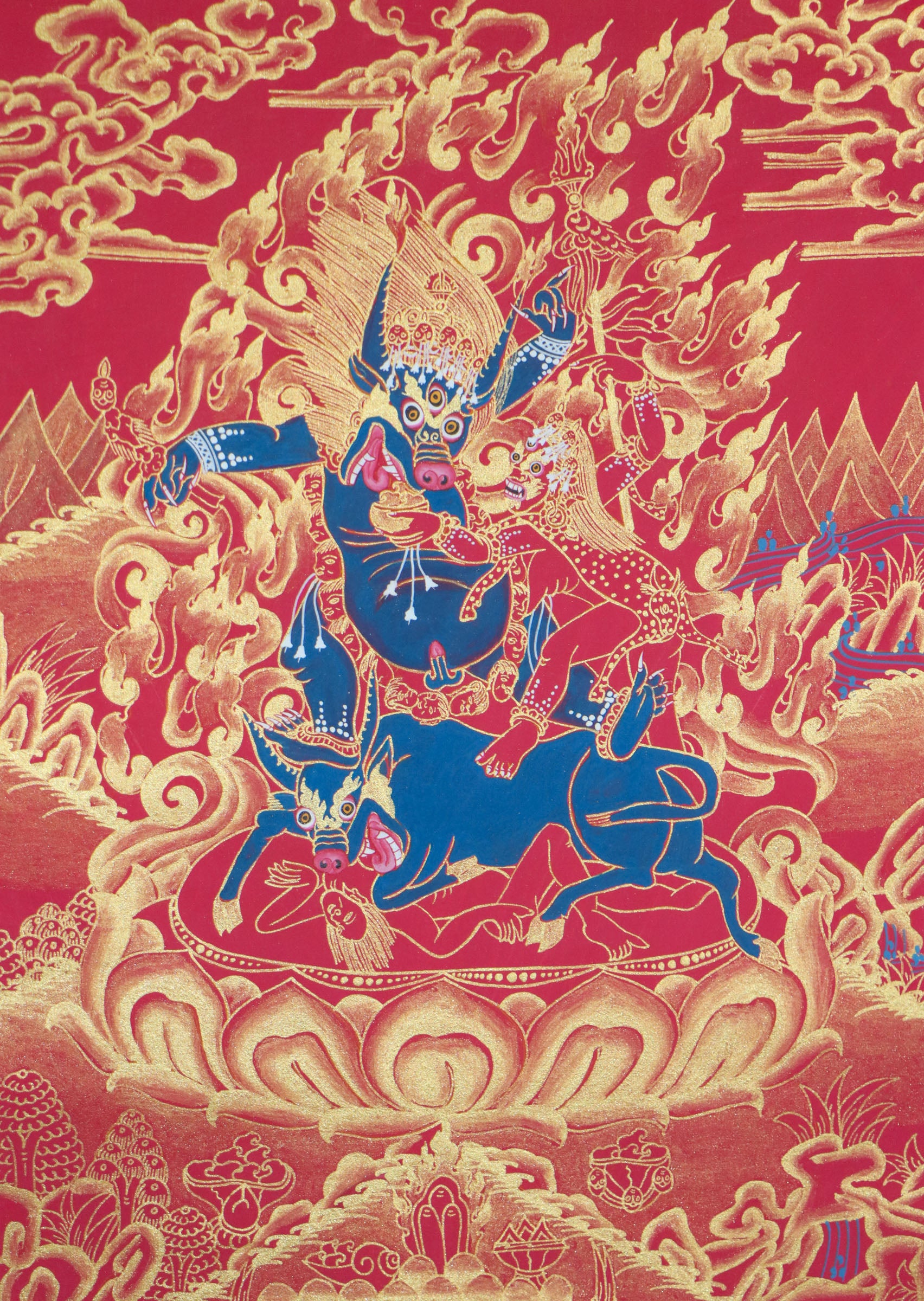 Yamantaka, a wrathful deity in Tibetan Buddhism, represents the destruction of death and ignorance. This genuine Tibetan thangka captures his fierce energy and is a powerful symbol of spiritual transformation.