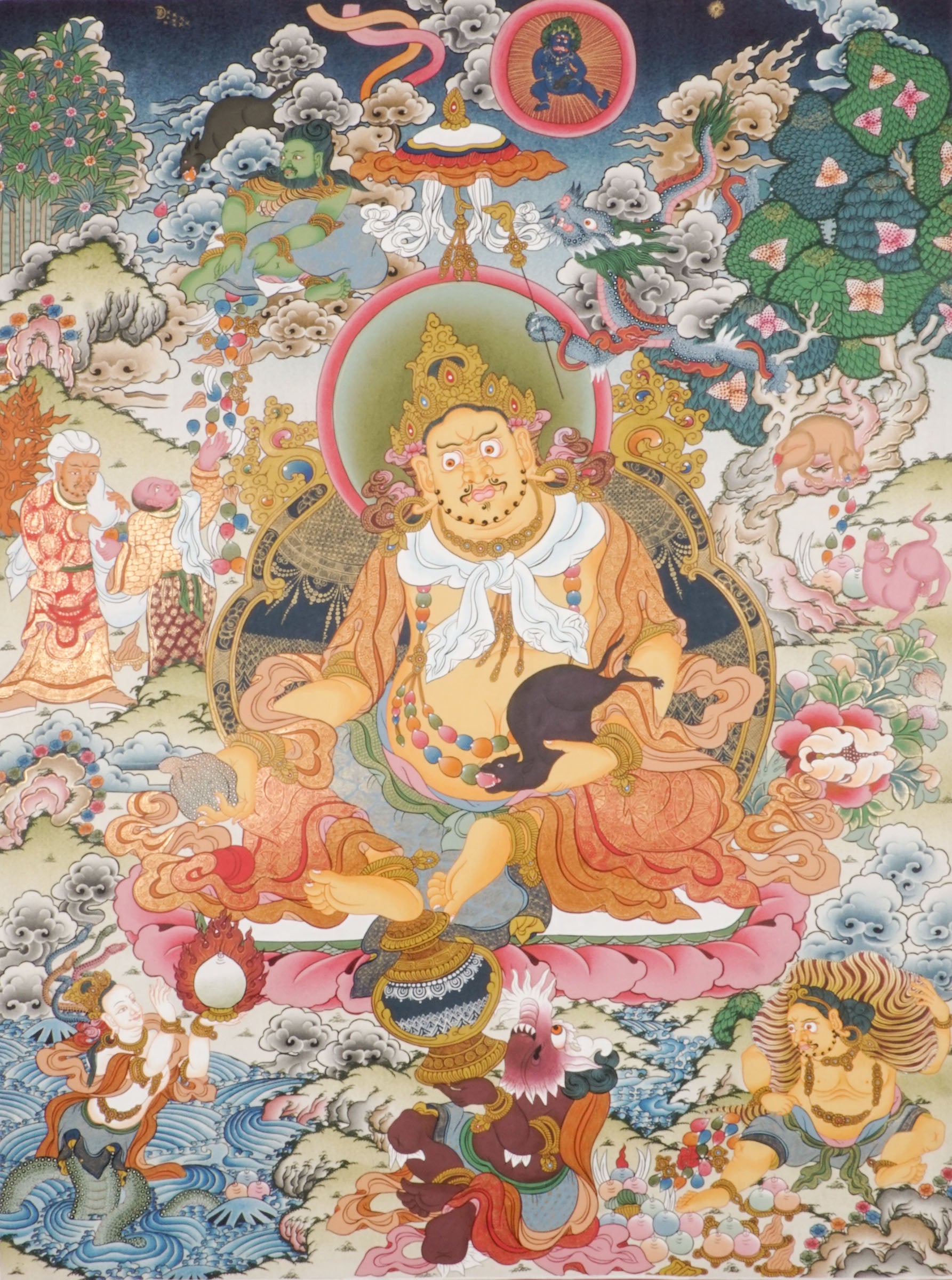 Yellow Zambala (Yellow Dzambhala) Tibetan Buddhist thangka depicting the wealth deity seated on a lotus throne, holding a jewel-spouting mongoose and a fruit of abundance, surrounded by attendants, clouds, and auspicious landscape elements, symbolizing prosperity, abundance, protection, and the removal of obstacles.