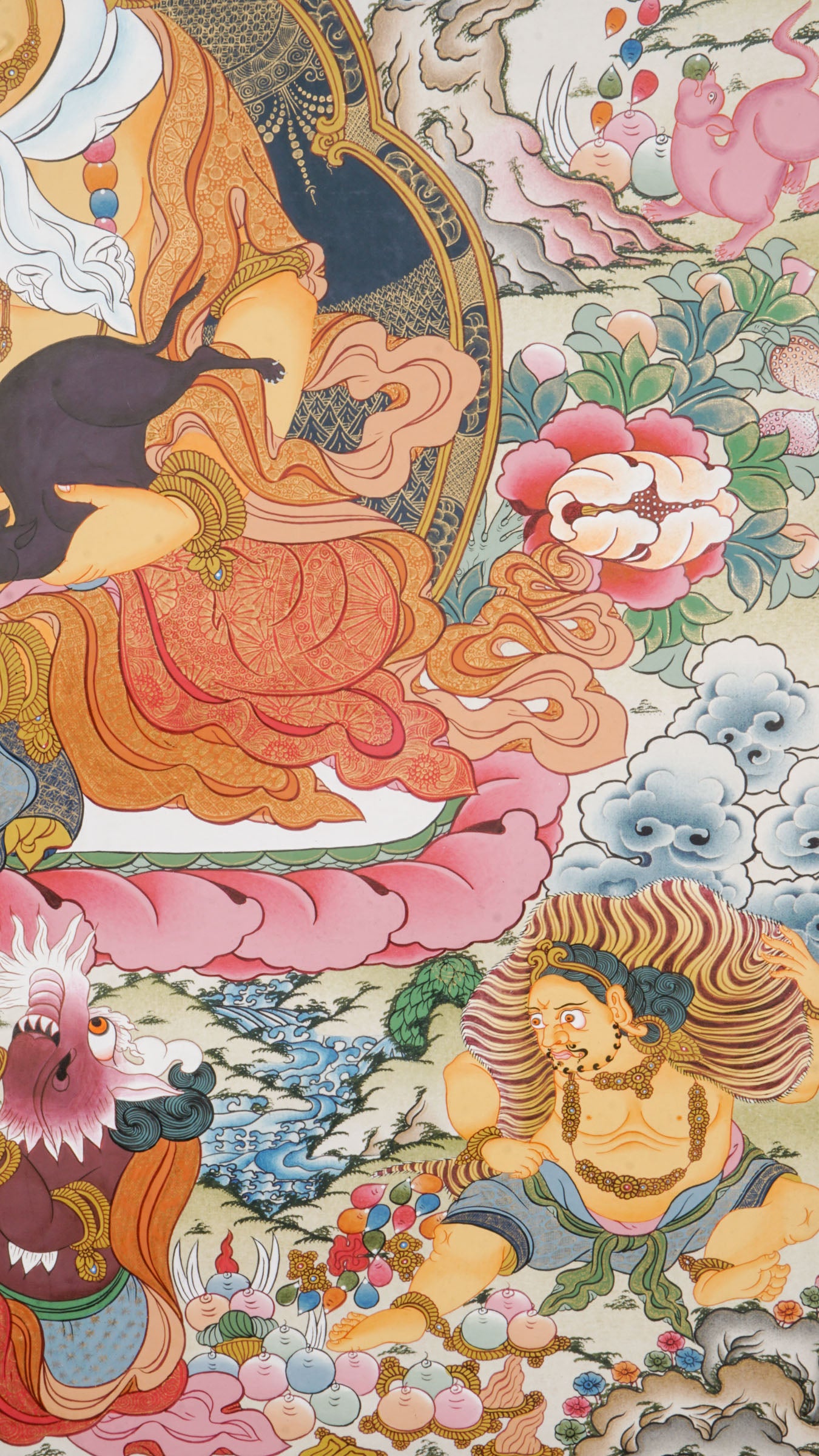 Yellow Zambala (Yellow Dzambhala) Tibetan Buddhist thangka depicting the wealth deity seated on a lotus throne, holding a jewel-spouting mongoose and a fruit of abundance, surrounded by attendants, clouds, and auspicious landscape elements, symbolizing prosperity, abundance, protection, and the removal of obstacles.