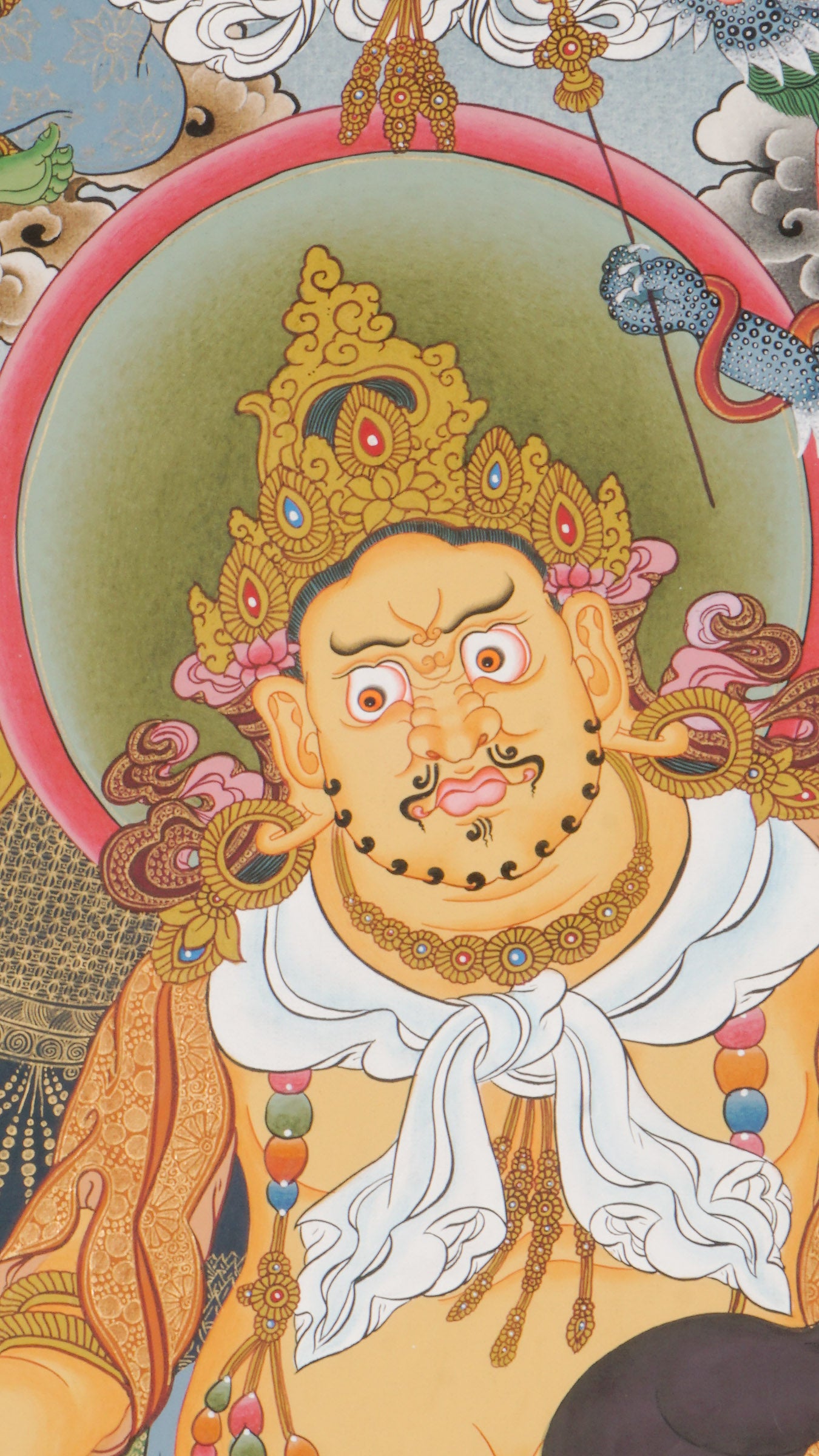 Yellow Zambala (Yellow Dzambhala) Tibetan Buddhist thangka depicting the wealth deity seated on a lotus throne, holding a jewel-spouting mongoose and a fruit of abundance, surrounded by attendants, clouds, and auspicious landscape elements, symbolizing prosperity, abundance, protection, and the removal of obstacles.