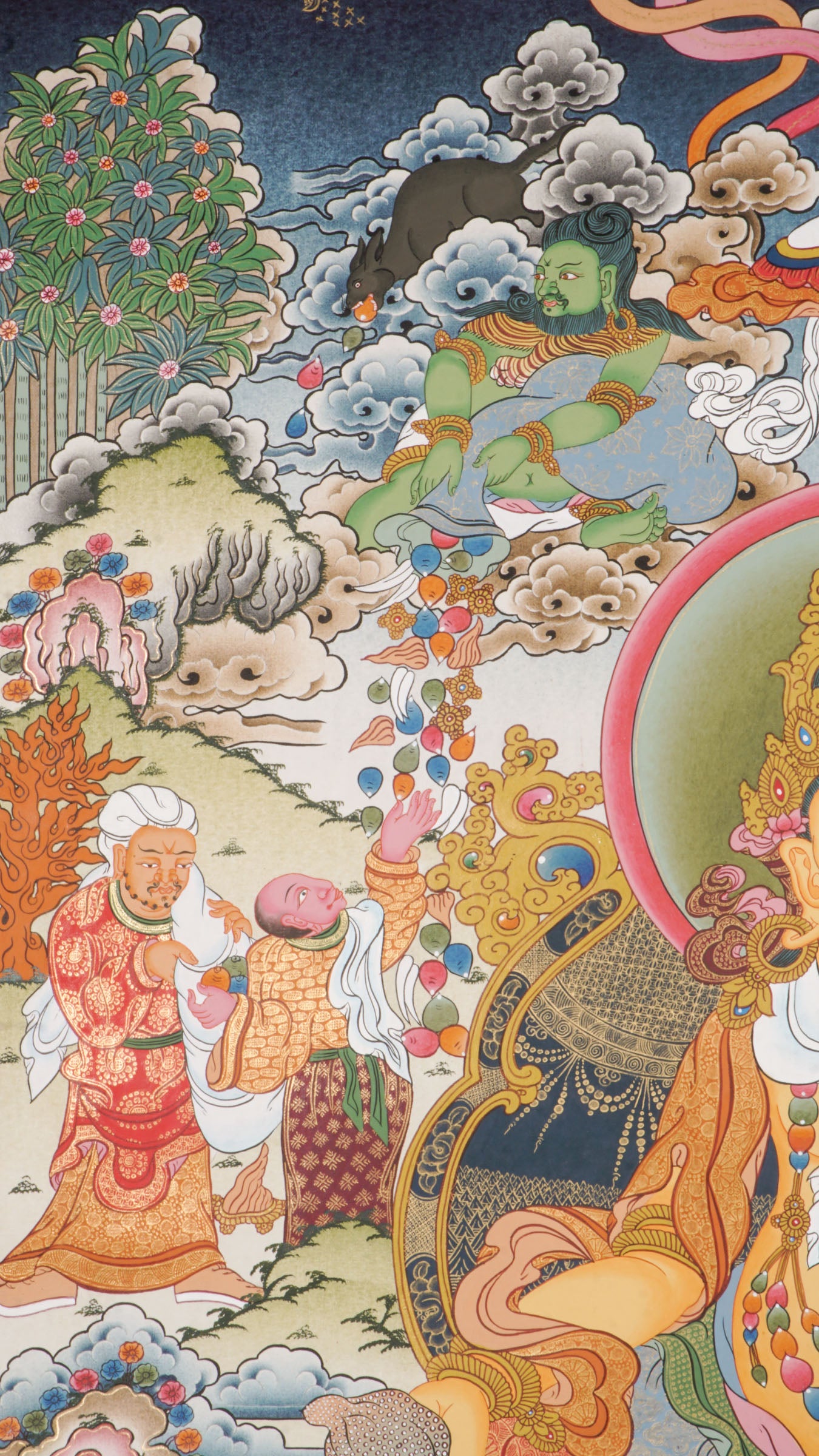Yellow Zambala (Yellow Dzambhala) Tibetan Buddhist thangka depicting the wealth deity seated on a lotus throne, holding a jewel-spouting mongoose and a fruit of abundance, surrounded by attendants, clouds, and auspicious landscape elements, symbolizing prosperity, abundance, protection, and the removal of obstacles.
