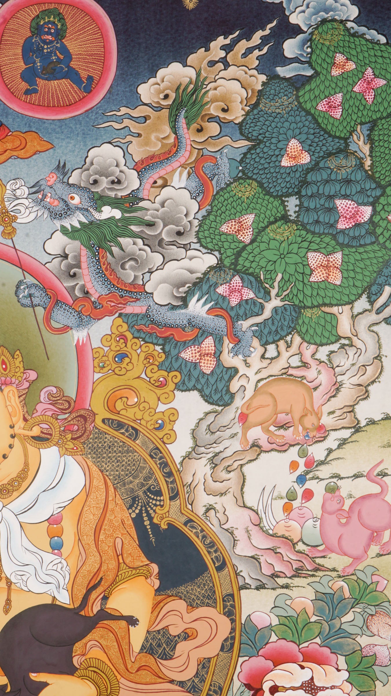Yellow Zambala (Yellow Dzambhala) Tibetan Buddhist thangka depicting the wealth deity seated on a lotus throne, holding a jewel-spouting mongoose and a fruit of abundance, surrounded by attendants, clouds, and auspicious landscape elements, symbolizing prosperity, abundance, protection, and the removal of obstacles.