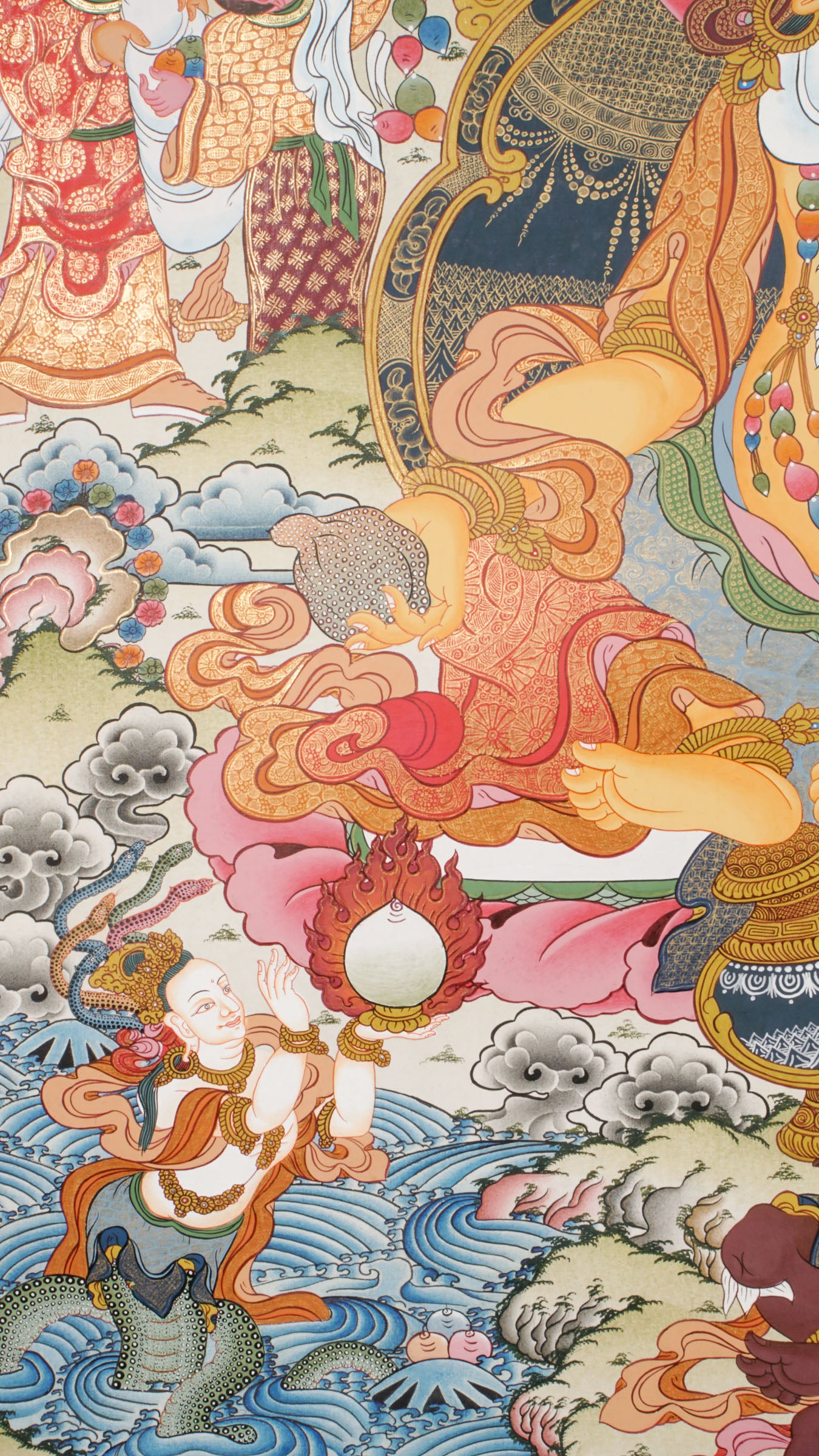Yellow Zambala (Yellow Dzambhala) Tibetan Buddhist thangka depicting the wealth deity seated on a lotus throne, holding a jewel-spouting mongoose and a fruit of abundance, surrounded by attendants, clouds, and auspicious landscape elements, symbolizing prosperity, abundance, protection, and the removal of obstacles.