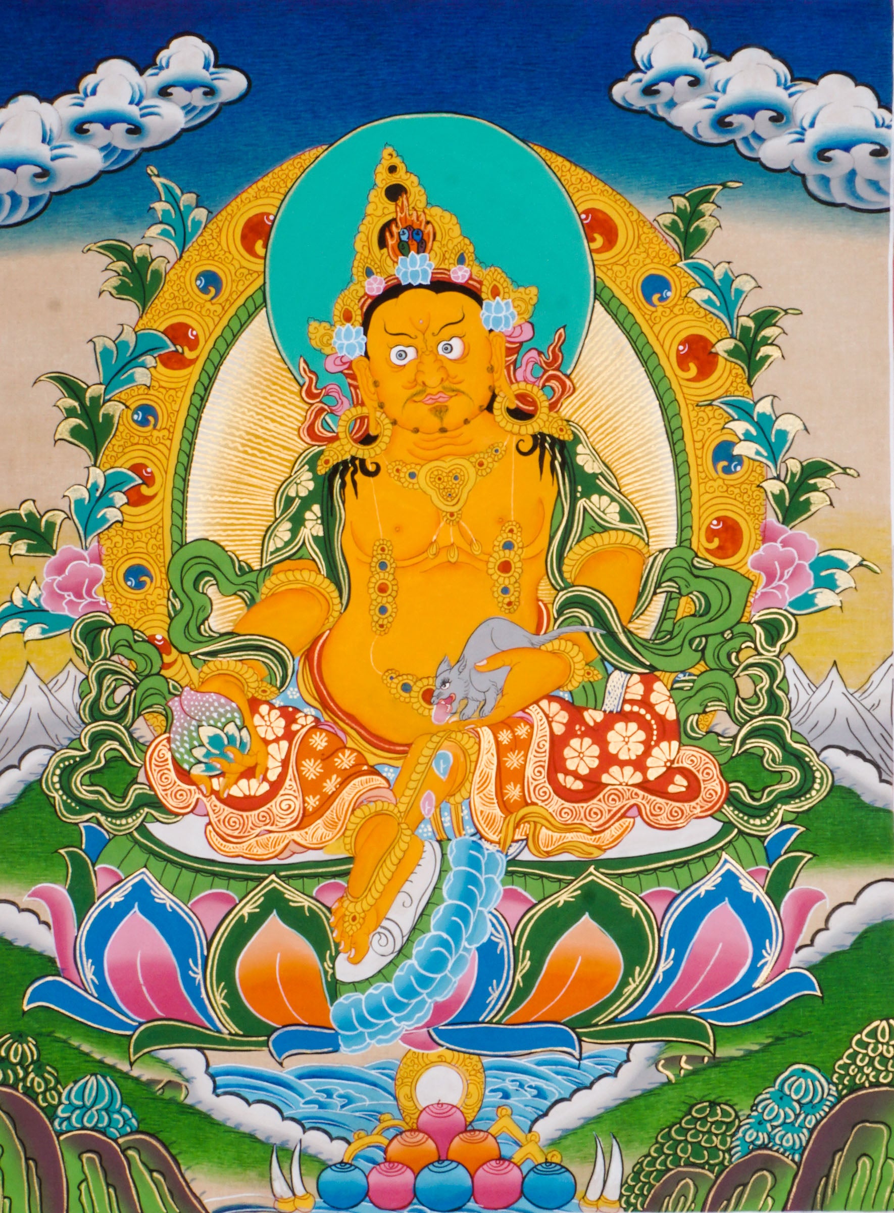 This is a hand-painted Thangka art showcasing wrathful deity Yellow Zambala in Nepal using 24k gold and natural pigments.