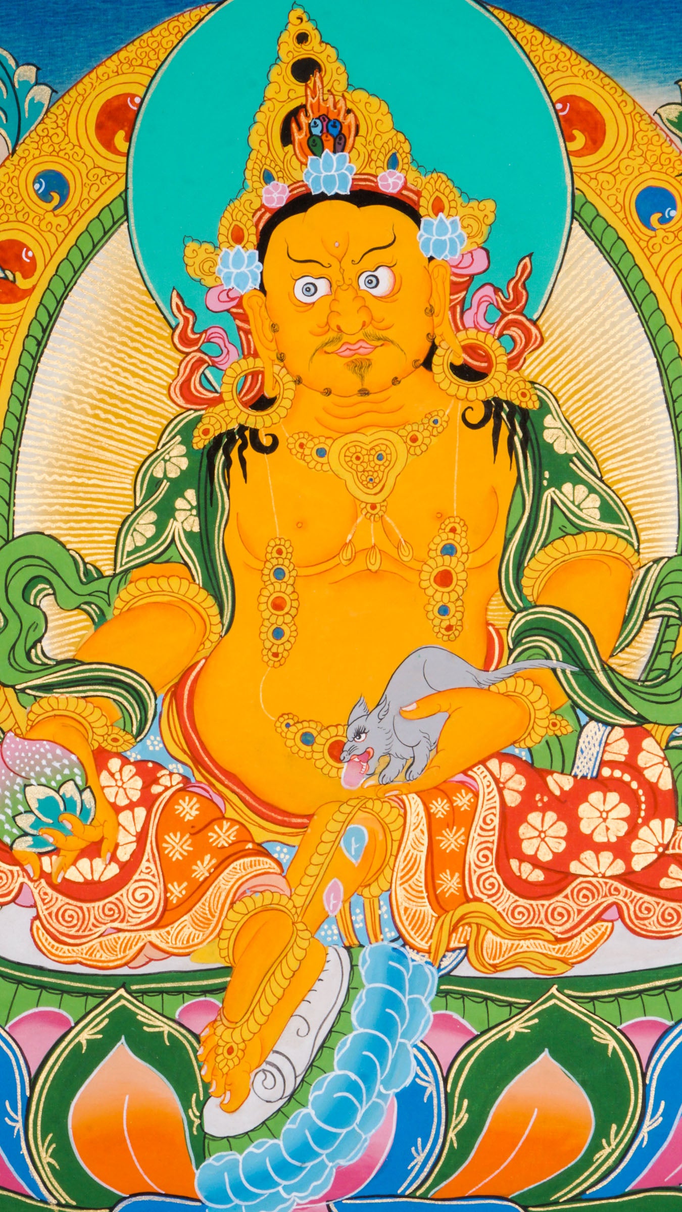 This is a hand-painted Thangka art showcasing wrathful deity Yellow Zambala in Nepal using 24k gold and natural pigments.