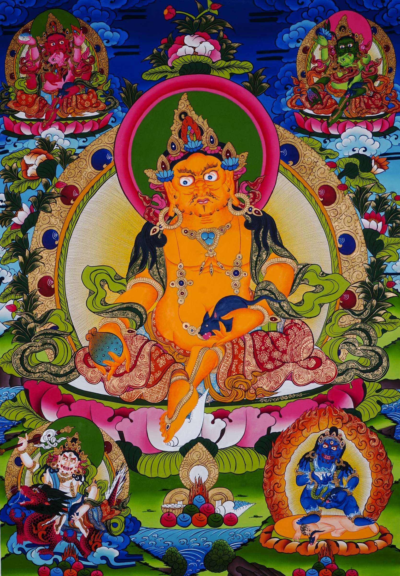 Tibetan Buddhist thangka painting of Yellow Zambala (Jambhala), hand-painted in Nepal with natural mineral pigments and 24k gold, surrounded by four Zambala forms in each corner.