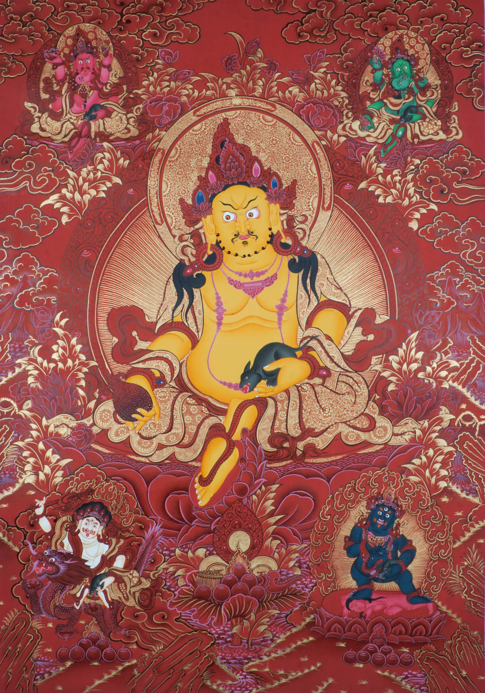 The Zambala Thangka is a genuine Tibetan Buddhist artwork symbolizing wealth, abundance, and protection. Hand-painted with vibrant colors, this authentic thangka attracts prosperity and spiritual growth, making it a powerful addition to your sacred space. 