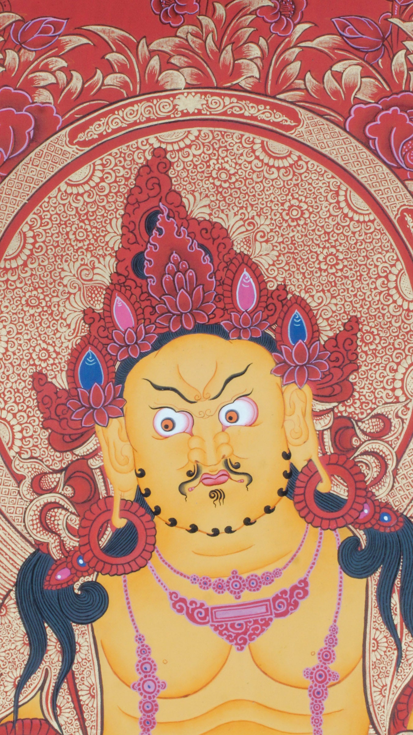 The Zambala Thangka is a genuine Tibetan Buddhist artwork symbolizing wealth, abundance, and protection. Hand-painted with vibrant colors, this authentic thangka attracts prosperity and spiritual growth, making it a powerful addition to your sacred space. 