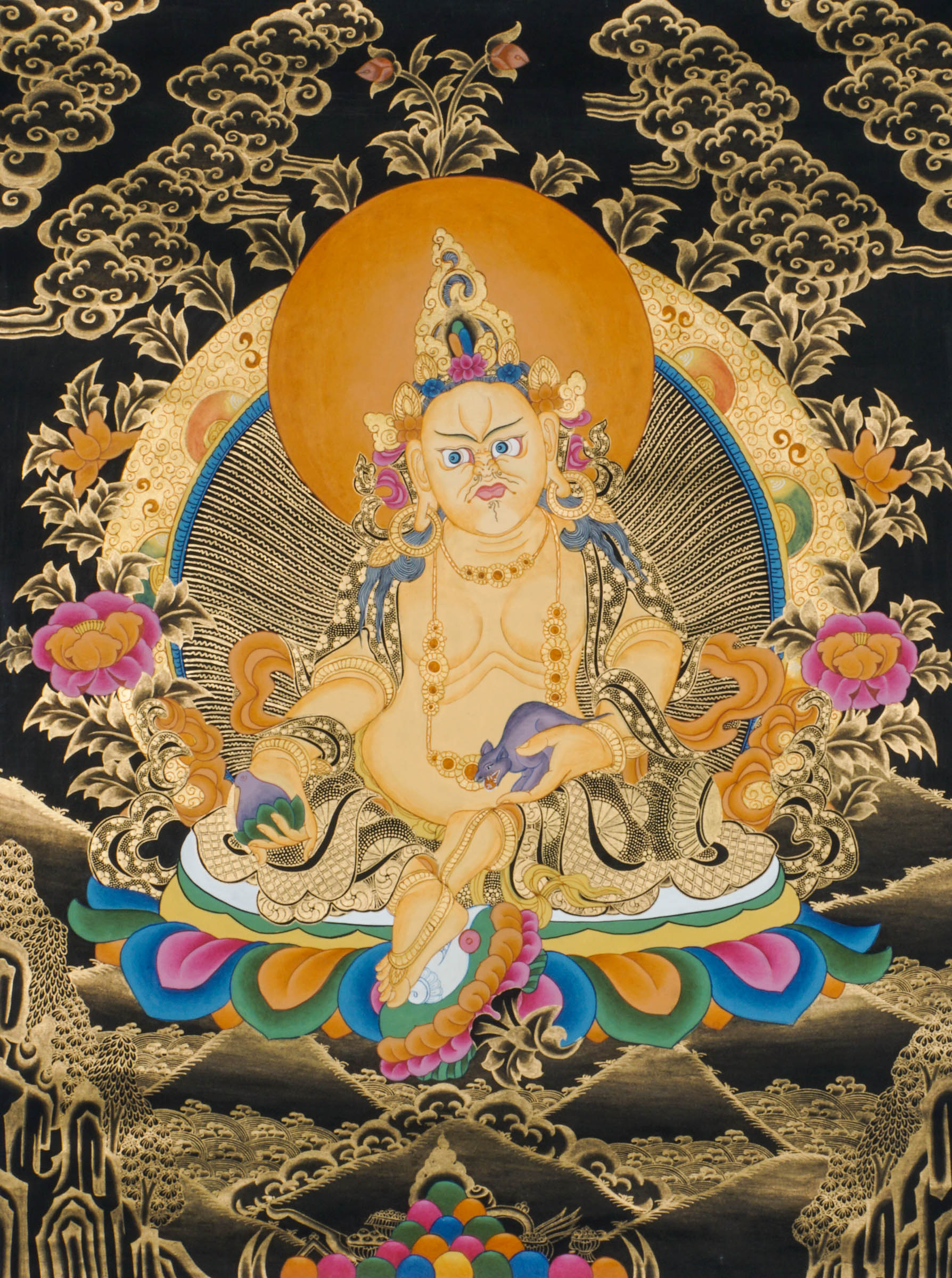 Zambala is a Tibetan Buddhist deity of wealth and prosperity. This genuine Thangka shows him seated on a lotus throne, holding a jewel-spouting mongoose and a symbol of fulfillment.